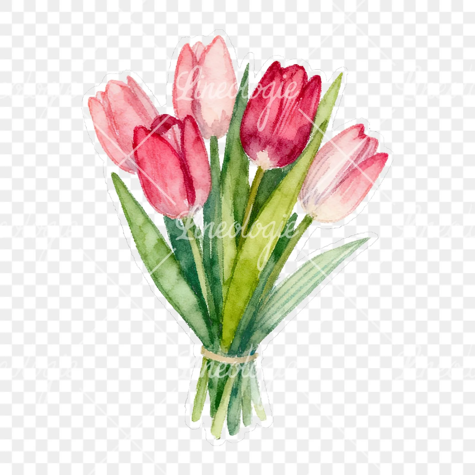 Watercolor tied tulip bouquet clipart 2 of 9 on a transparent background (PNG)