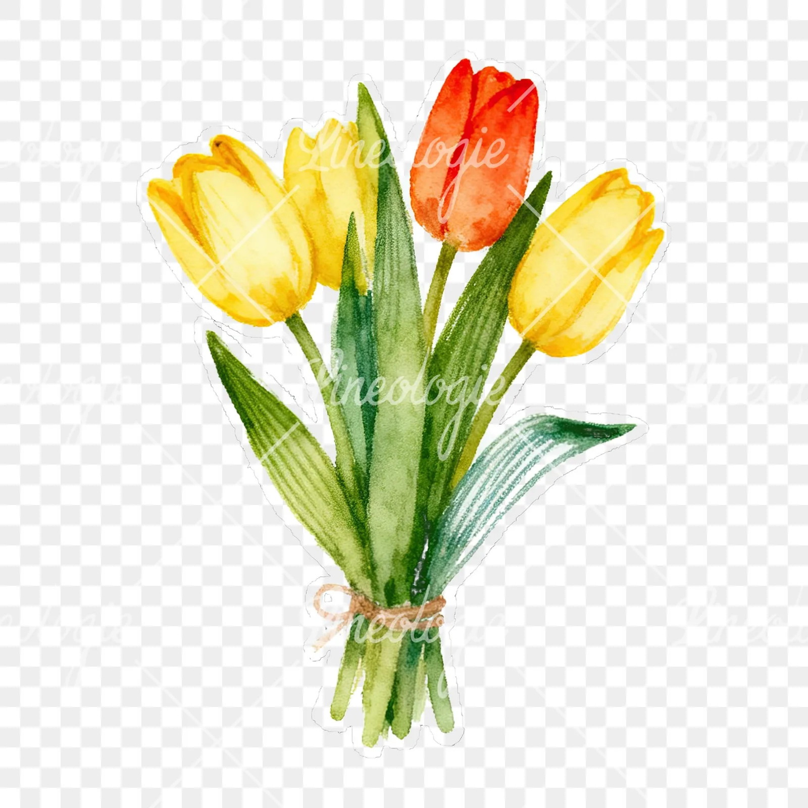 Watercolor tied tulip bouquet clipart 3 of 9 on a transparent background (PNG)