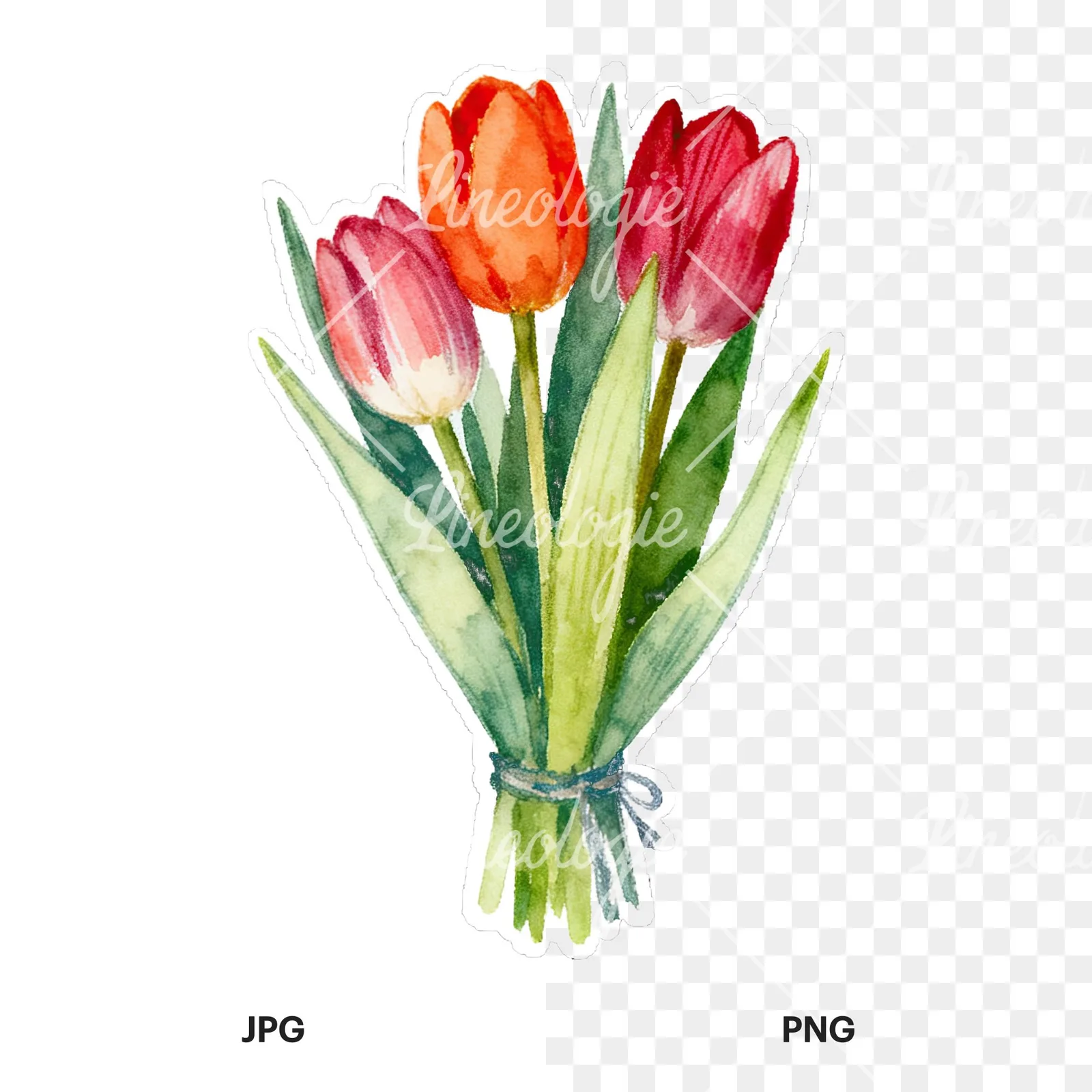 Watercolor tied tulip bouquet clipart 5 of 9, as a JPG on white and a transparent PNG