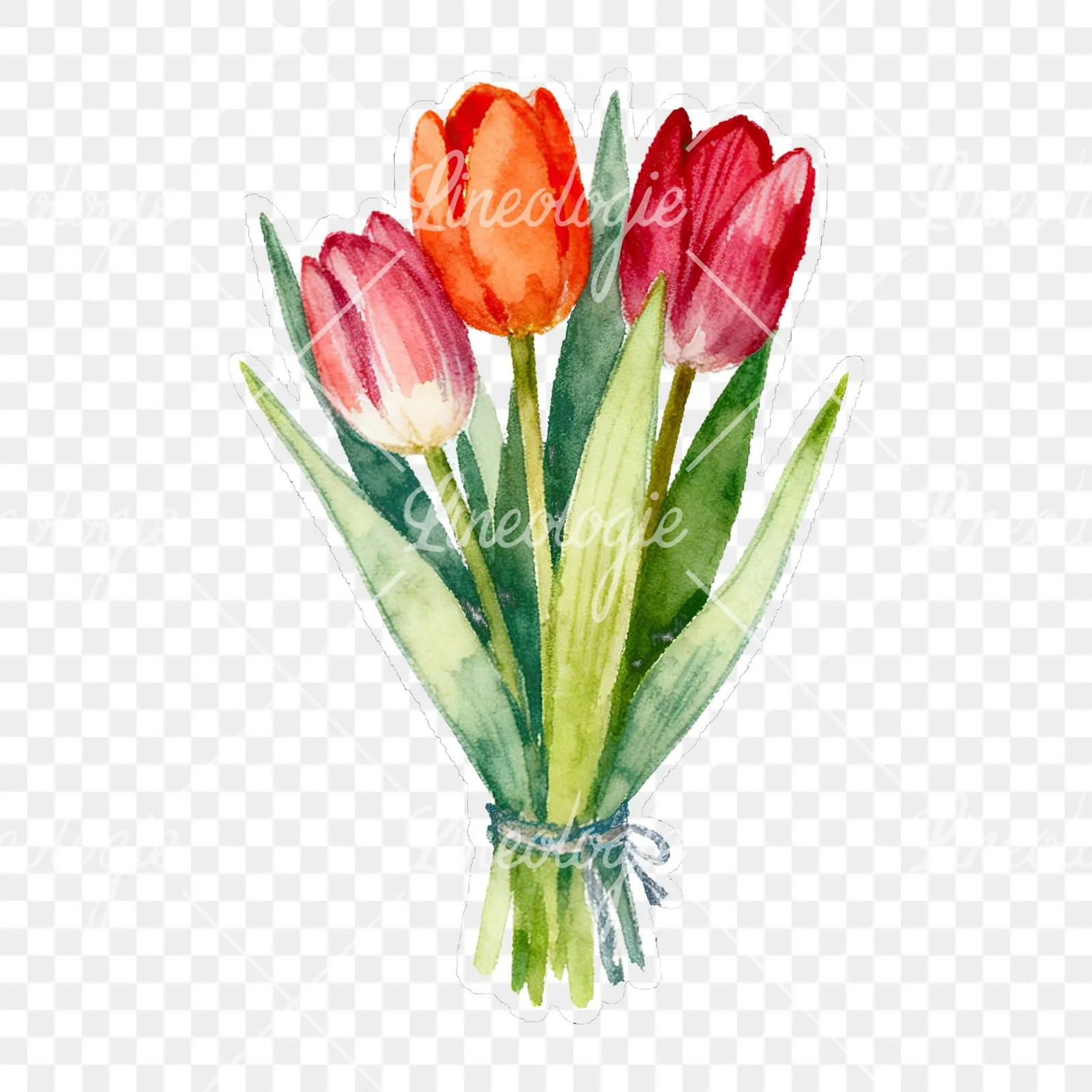 Watercolor tied tulip bouquet clipart 5 of 9 on a transparent background (PNG)