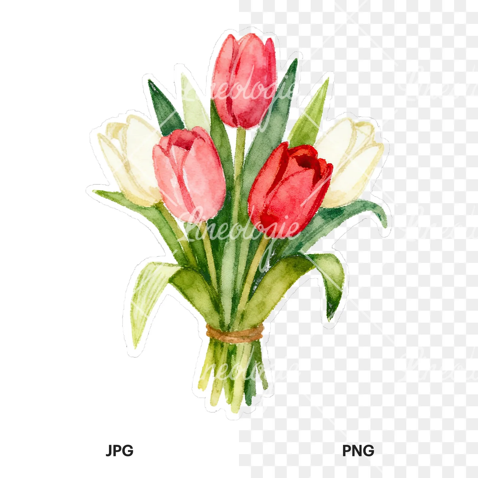 Watercolor tied tulip bouquet clipart 6 of 9, as a JPG on white and a transparent PNG