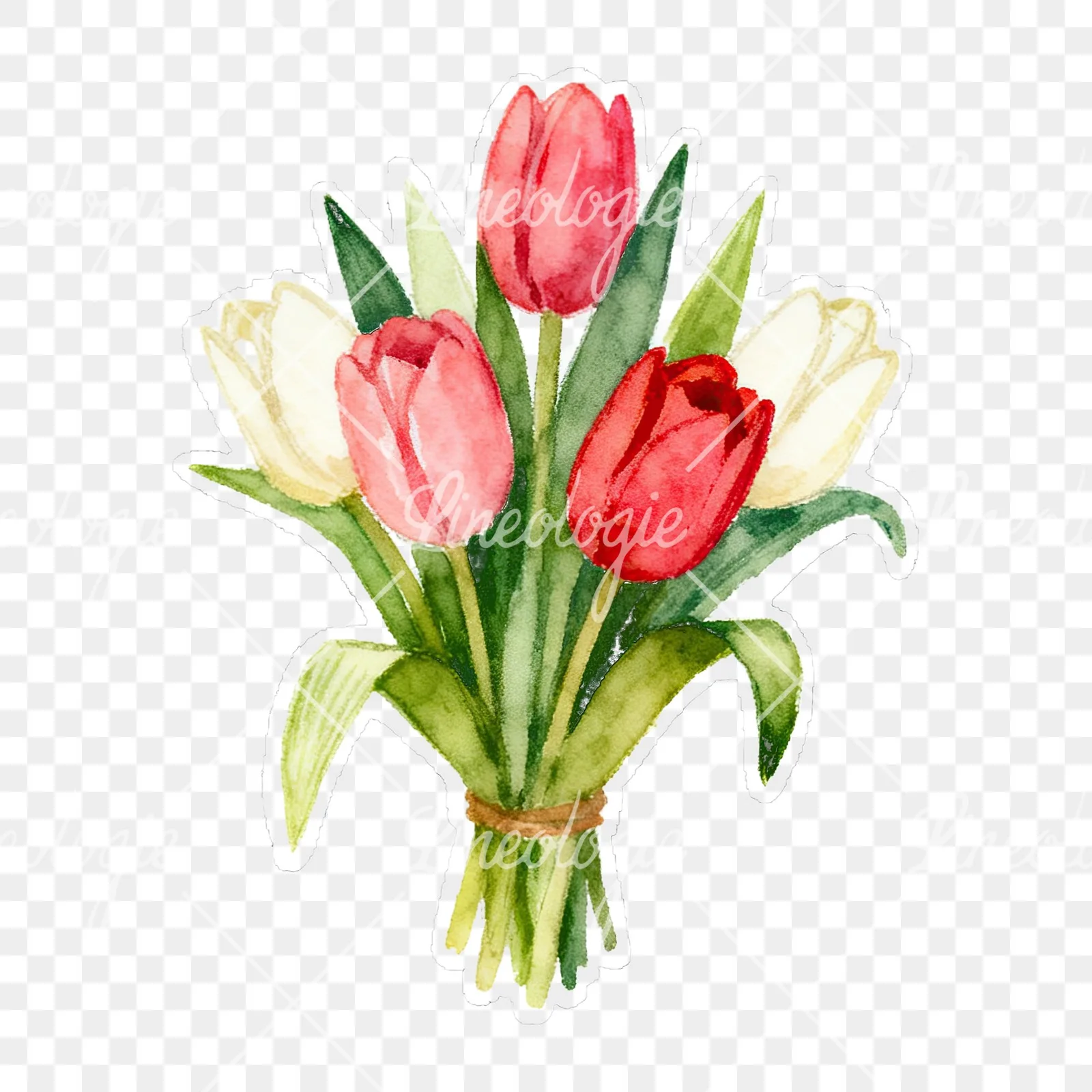 Watercolor tied tulip bouquet clipart 6 of 9 on a transparent background (PNG)