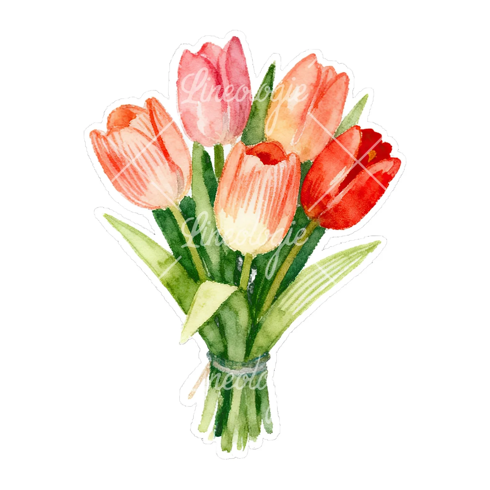 Watercolor tied tulip bouquet clipart 8 of 9 on a white background (JPG)