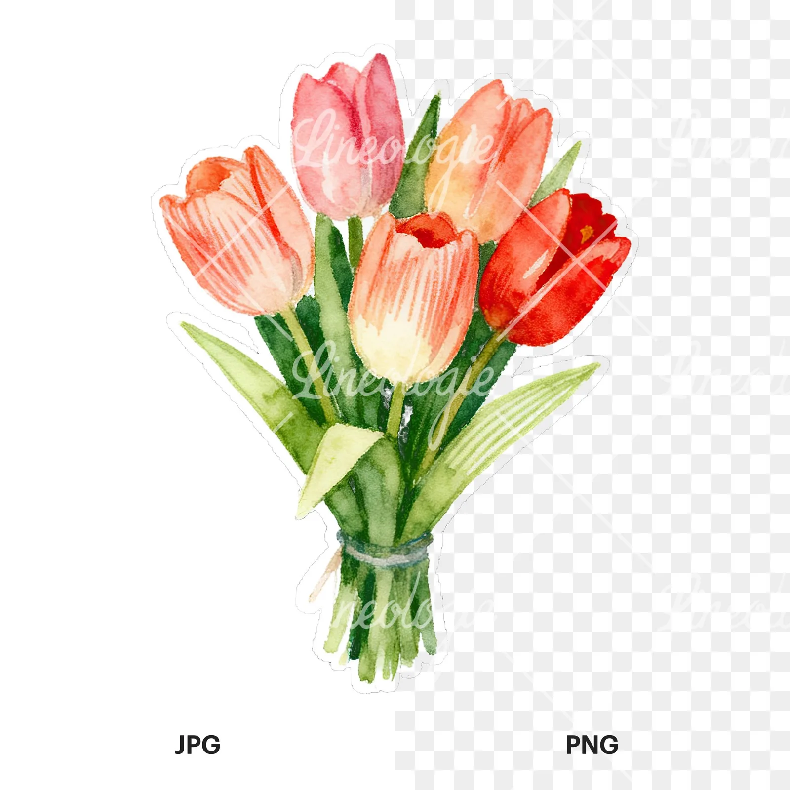 Watercolor tied tulip bouquet clipart 8 of 9, as a JPG on white and a transparent PNG
