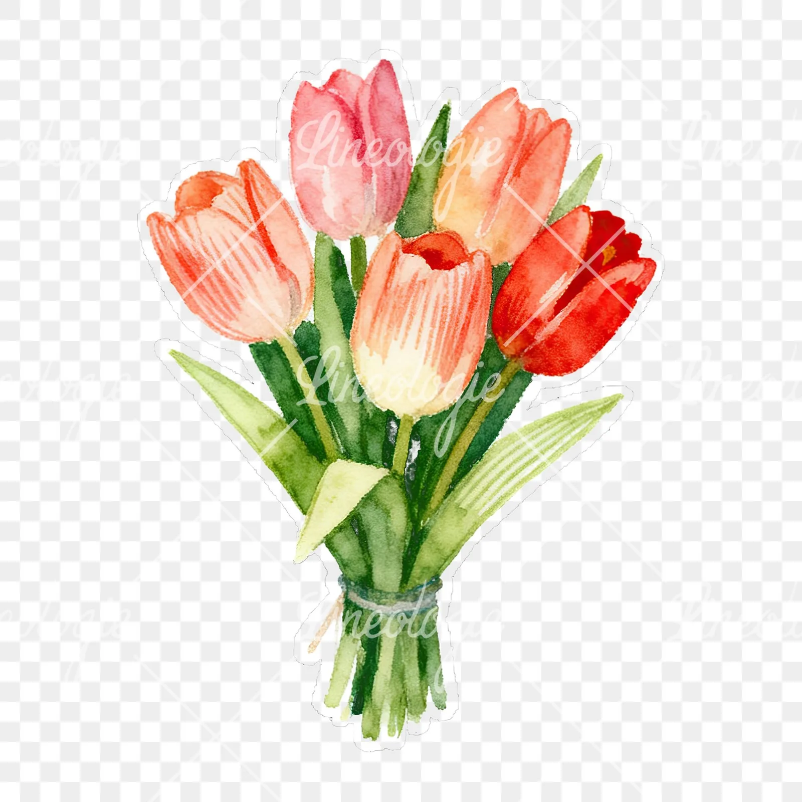 Watercolor tied tulip bouquet clipart 8 of 9 on a transparent background (PNG)