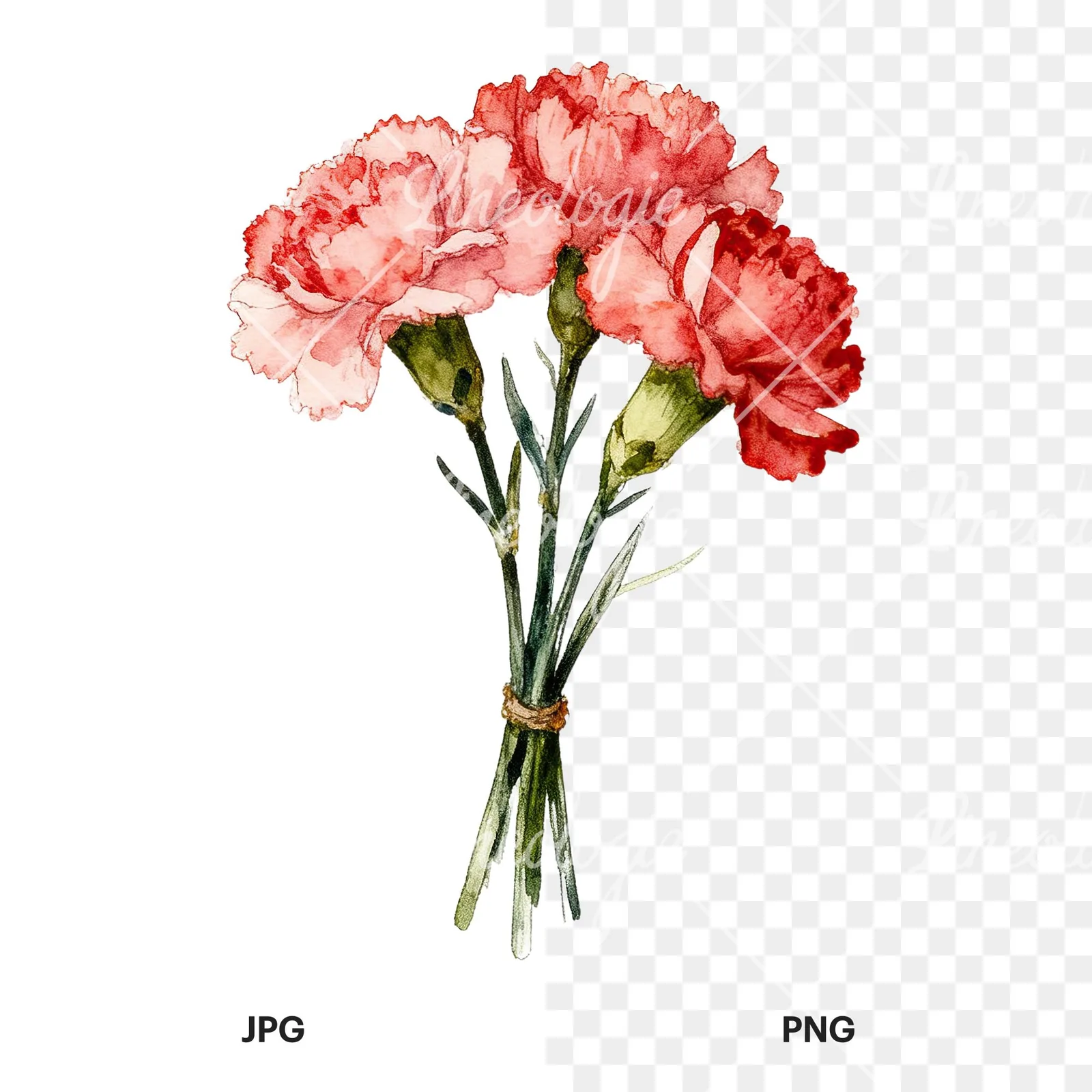 Watercolor single hue carnation bouquet clipart 1 of 9, as a JPG on white and a transparent PNG