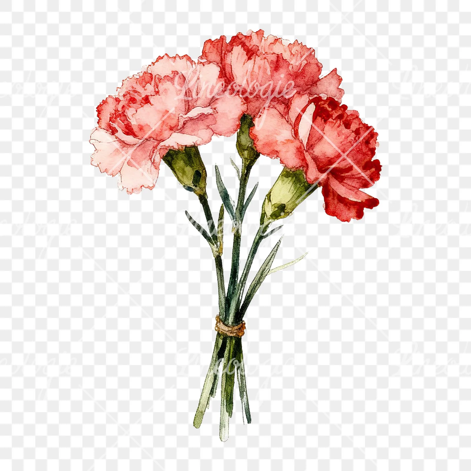 Watercolor single hue carnation bouquet clipart 1 of 9 on a transparent background (PNG)