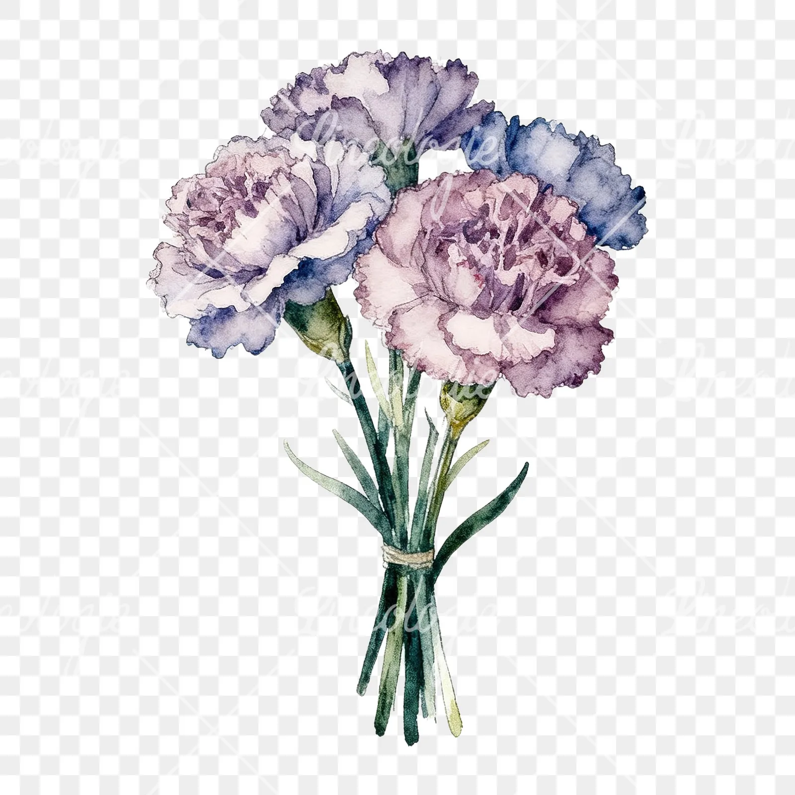 Watercolor single hue carnation bouquet clipart 2 of 9 on a transparent background (PNG)