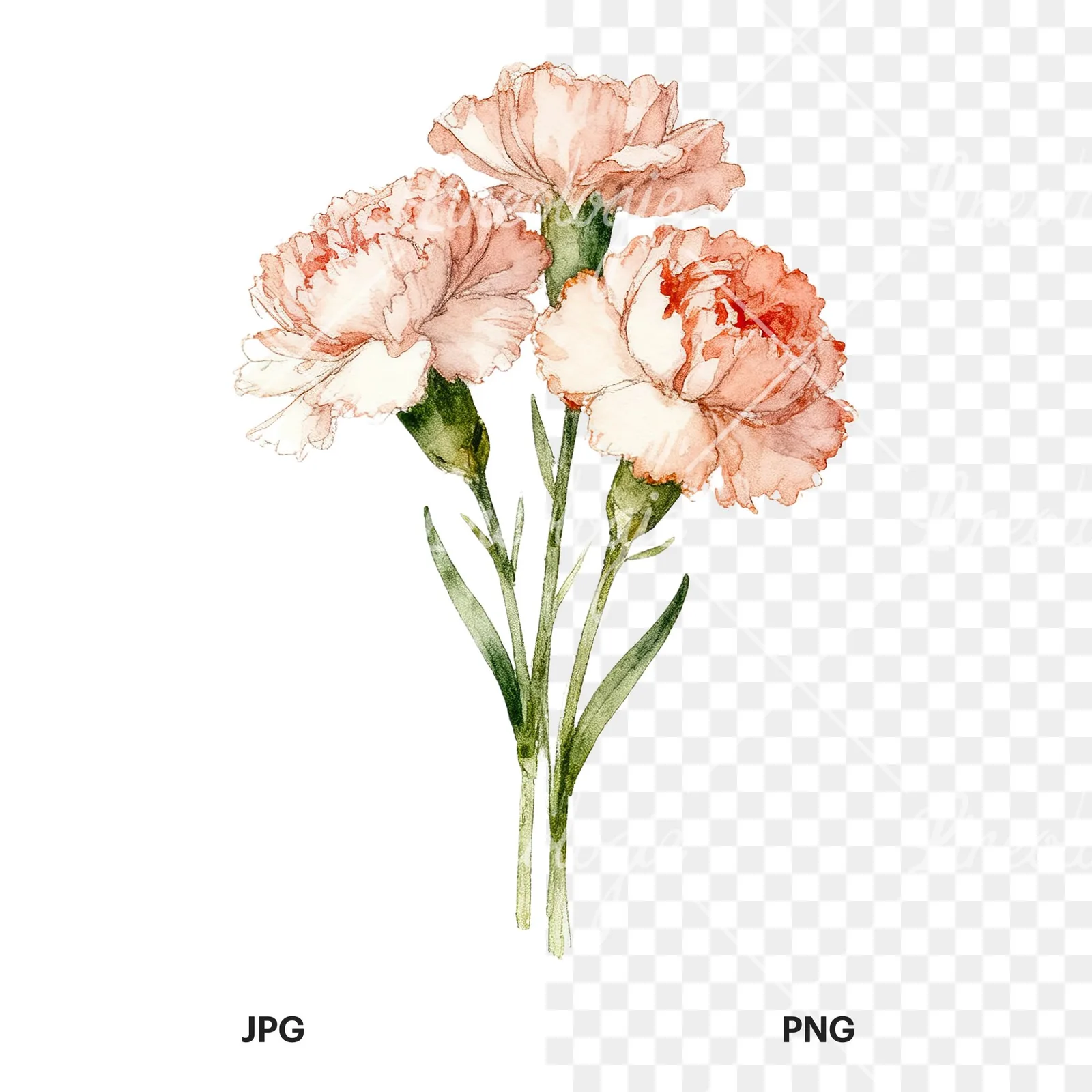 Watercolor single hue carnation bouquet clipart 3 of 9, as a JPG on white and a transparent PNG