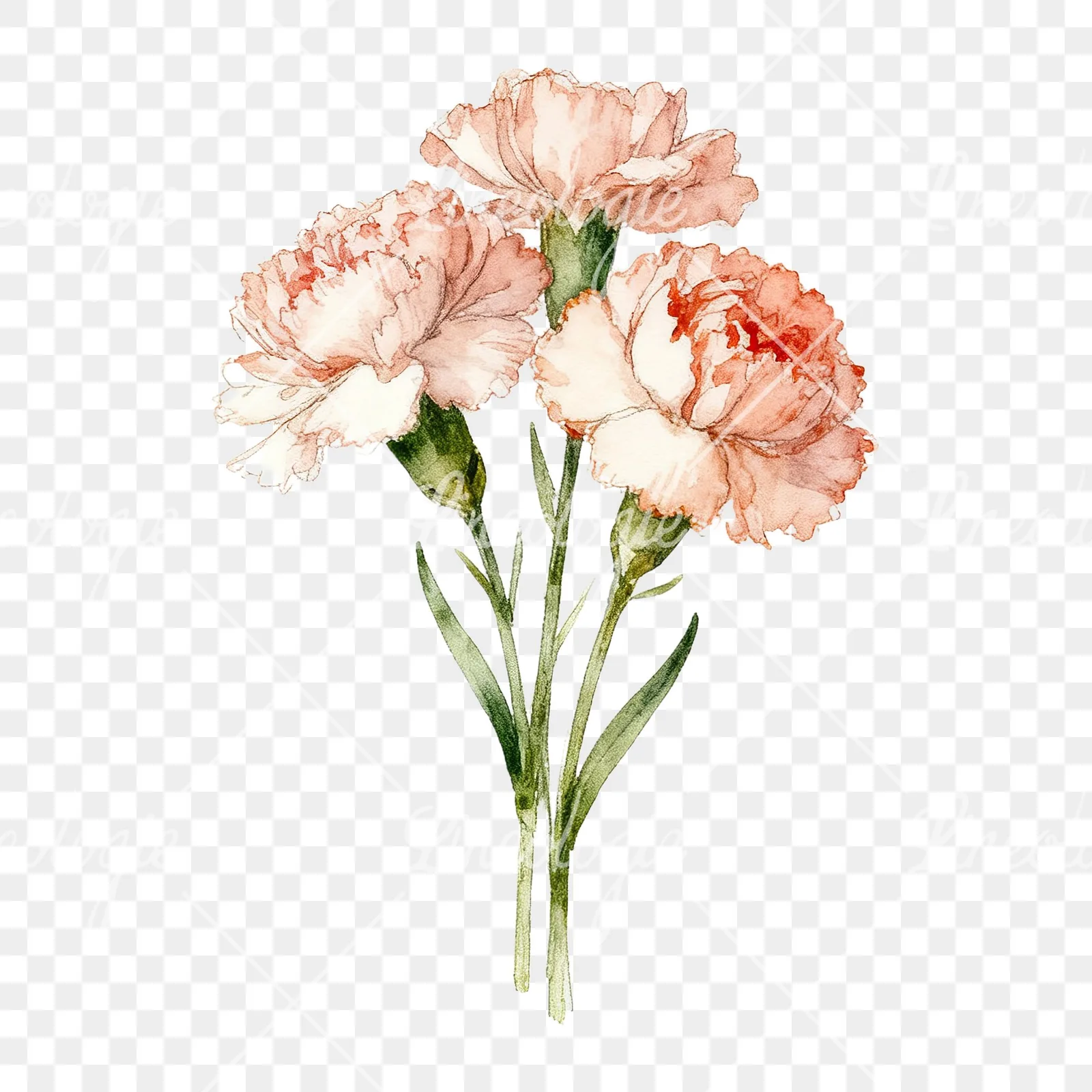 Watercolor single hue carnation bouquet clipart 3 of 9 on a transparent background (PNG)