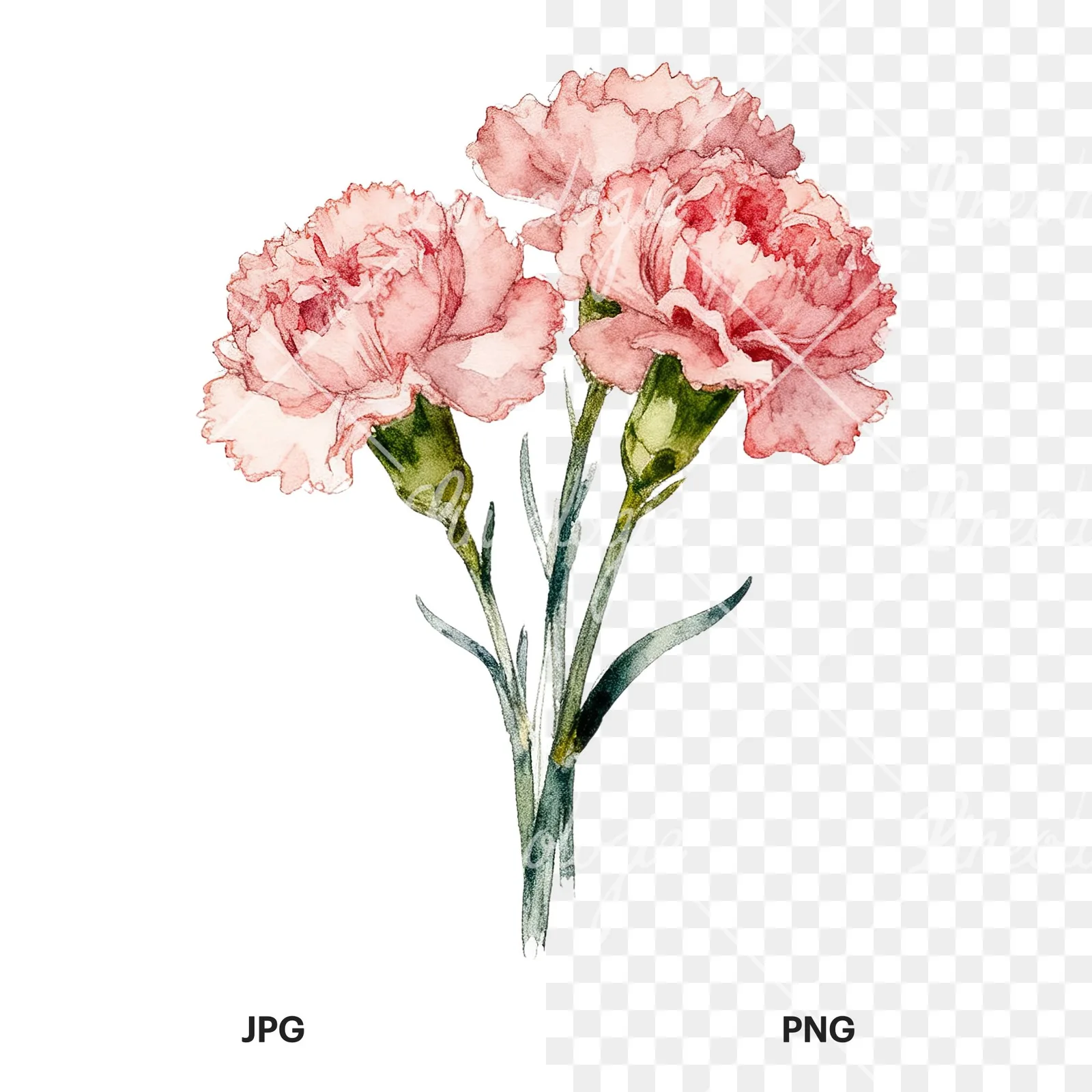 Watercolor single hue carnation bouquet clipart 4 of 9, as a JPG on white and a transparent PNG
