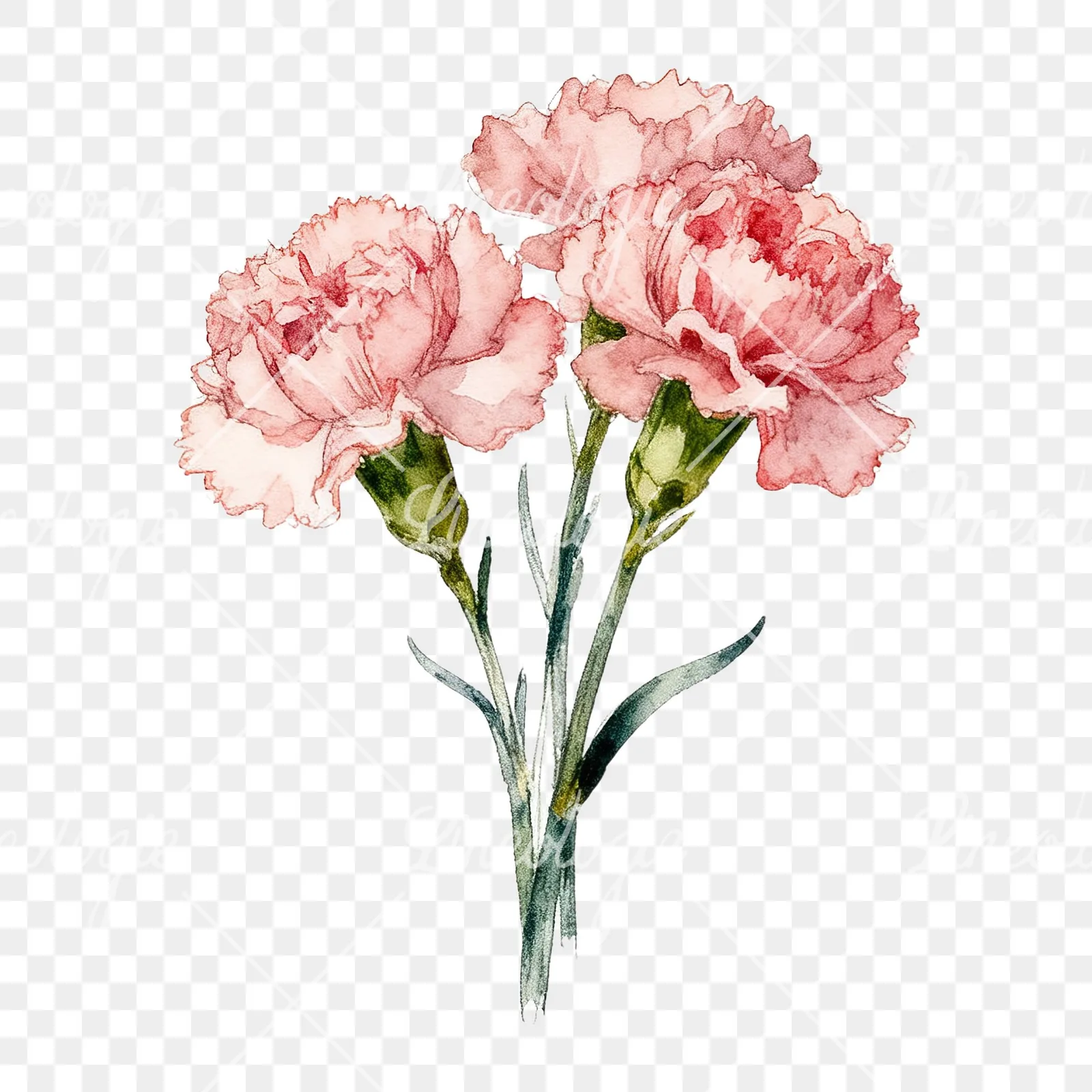 Watercolor single hue carnation bouquet clipart 4 of 9 on a transparent background (PNG)