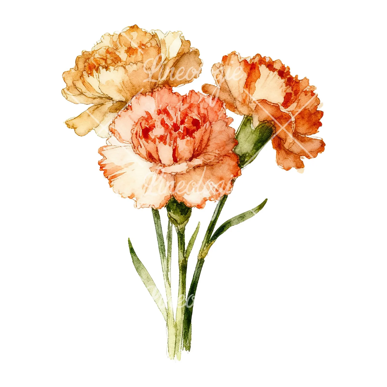 Watercolor single hue carnation bouquet clipart 5 of 9 on a white background (JPG)