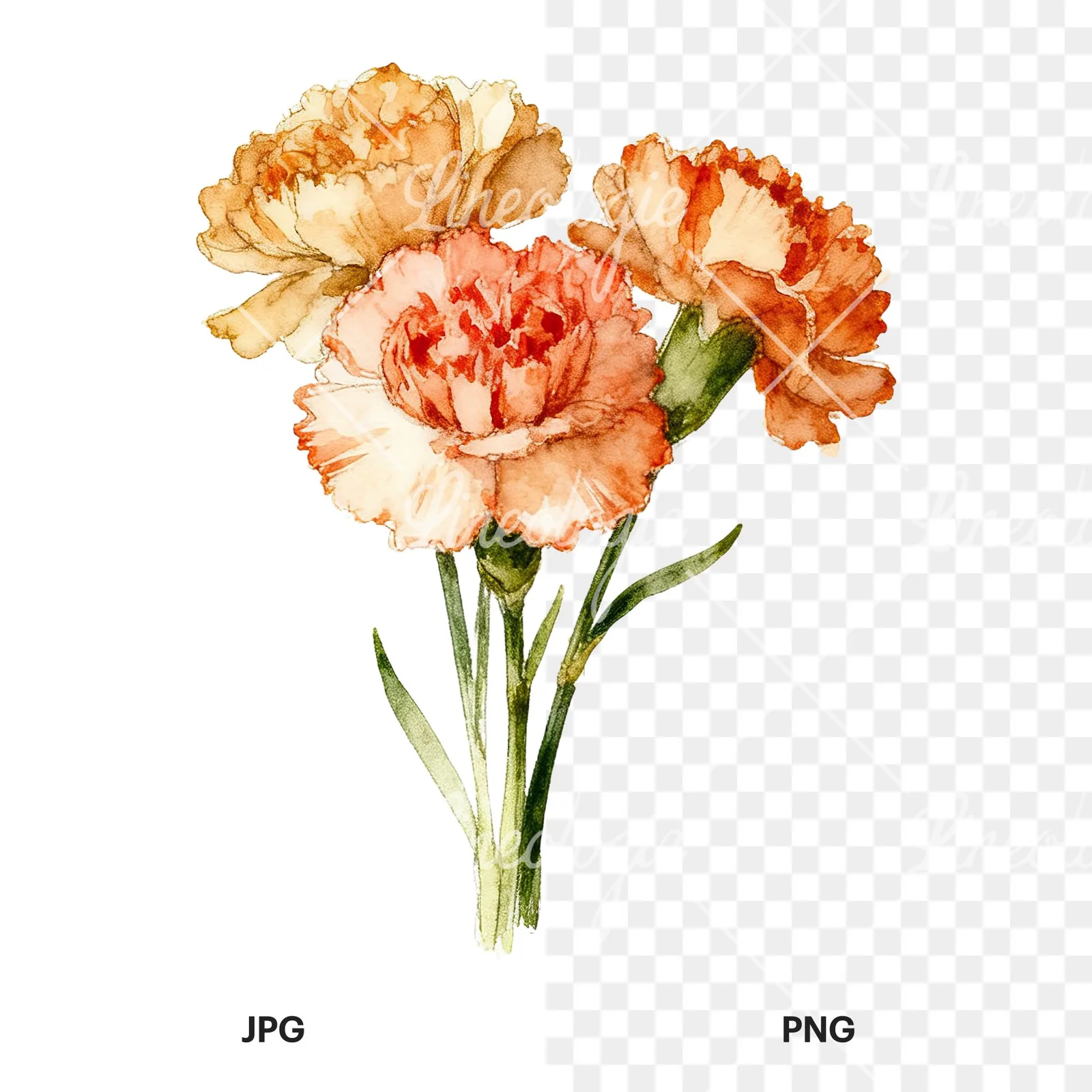 Watercolor single hue carnation bouquet clipart 5 of 9, as a JPG on white and a transparent PNG