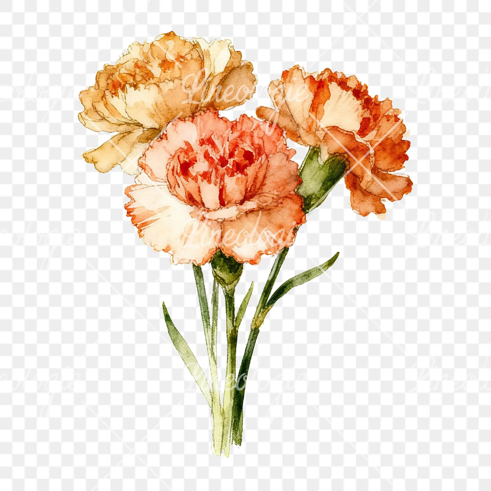 Watercolor single hue carnation bouquet clipart 5 of 9 on a transparent background (PNG)