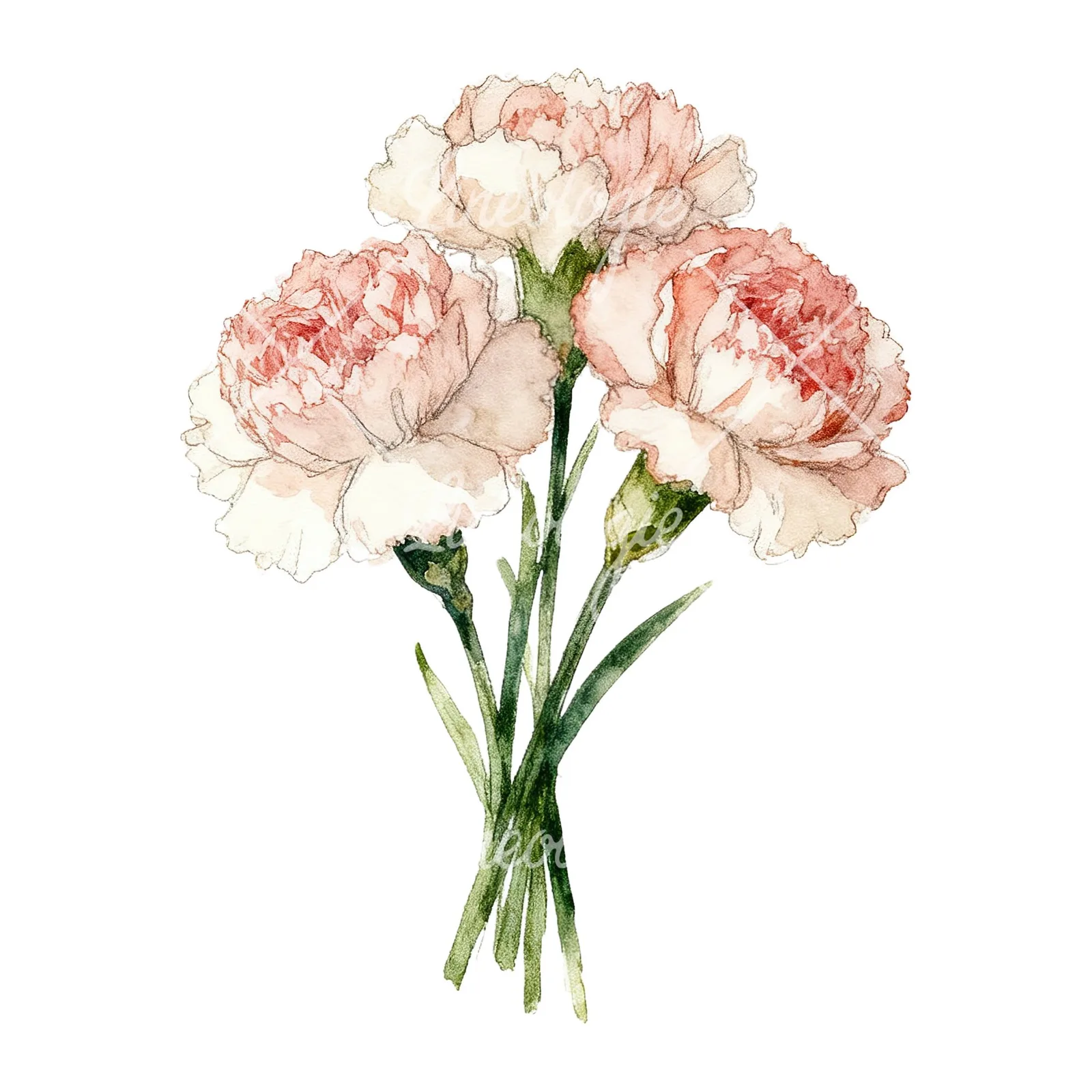 Watercolor single hue carnation bouquet clipart 6 of 9 on a white background (JPG)