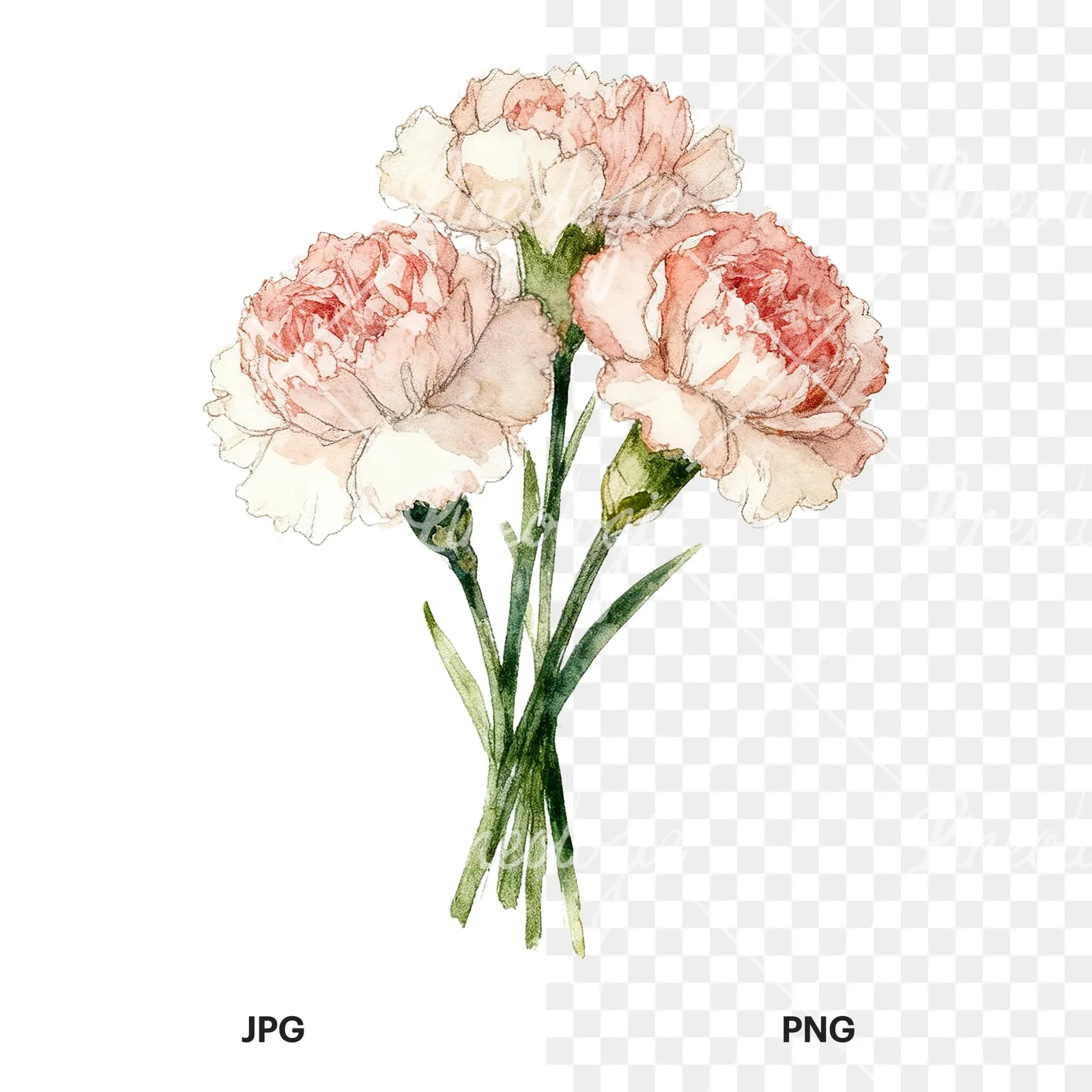 Watercolor single hue carnation bouquet clipart 6 of 9, as a JPG on white and a transparent PNG