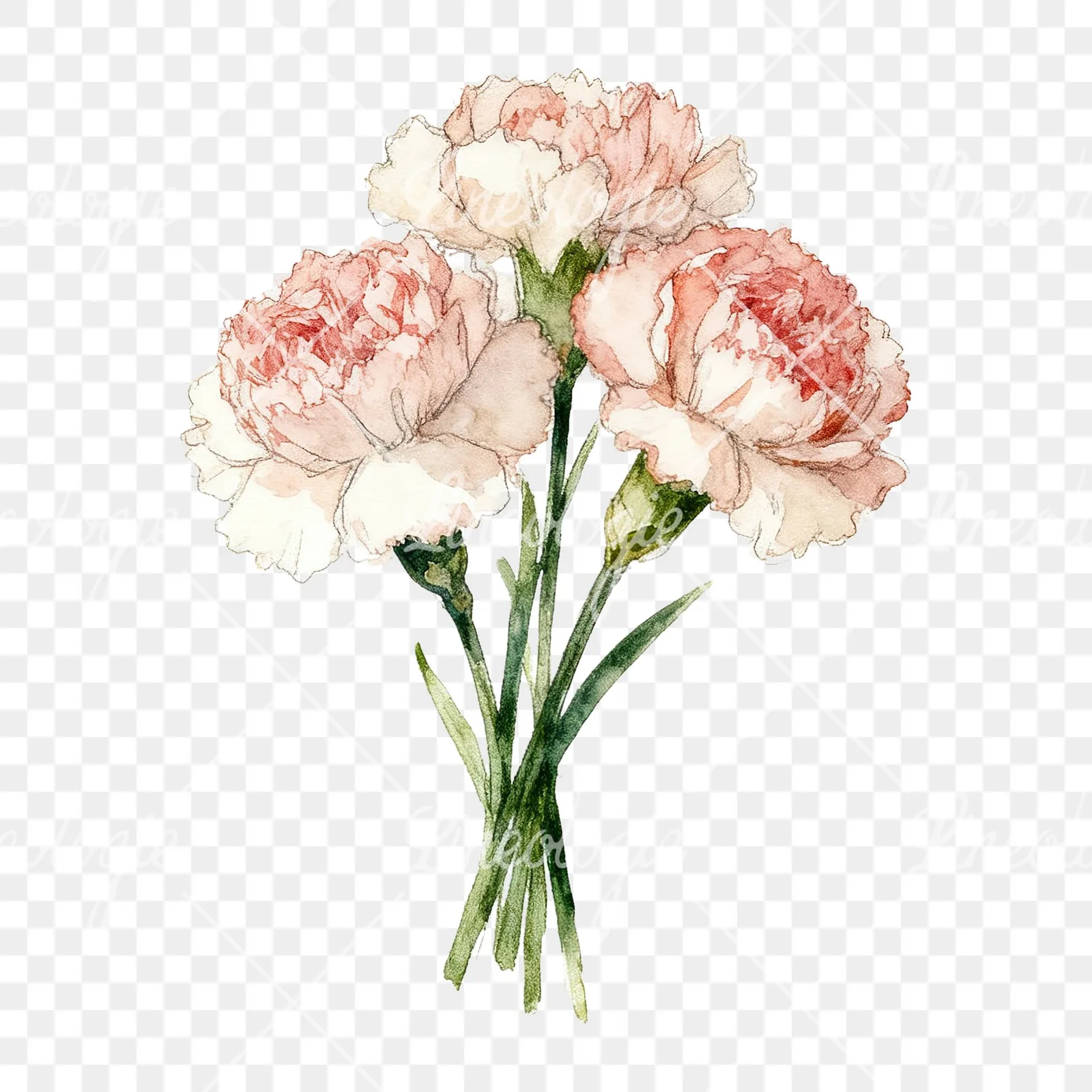 Watercolor single hue carnation bouquet clipart 6 of 9 on a transparent background (PNG)