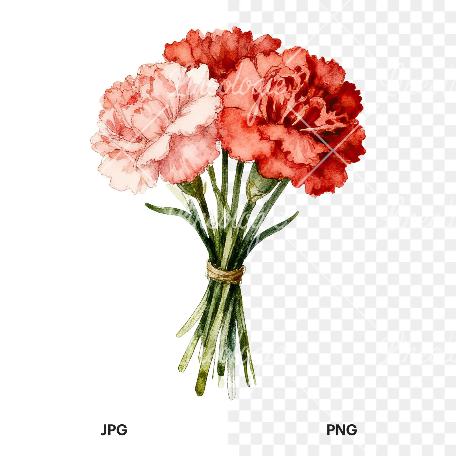 Watercolor single hue carnation bouquet clipart 8 of 9, as a JPG on white and a transparent PNG