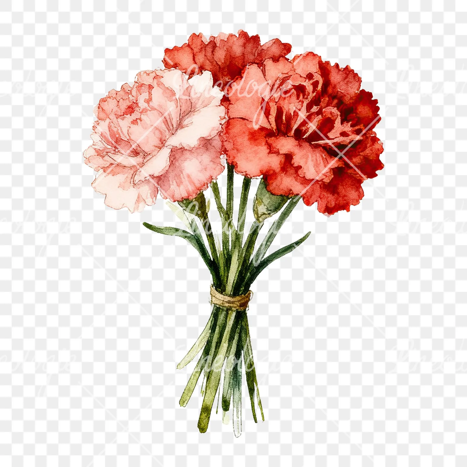 Watercolor single hue carnation bouquet clipart 8 of 9 on a transparent background (PNG)