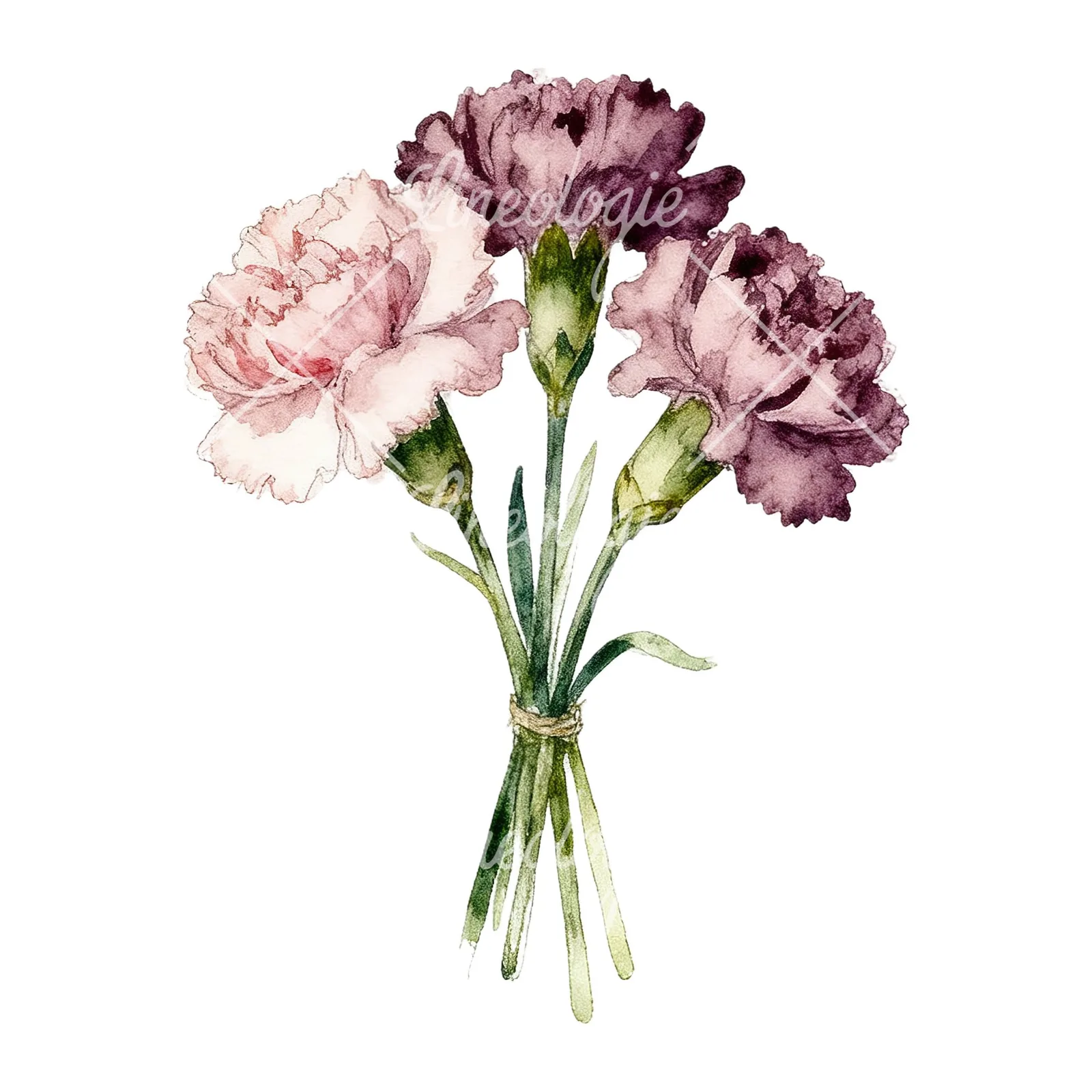 Watercolor single hue carnation bouquet clipart 9 of 9 on a white background (JPG)