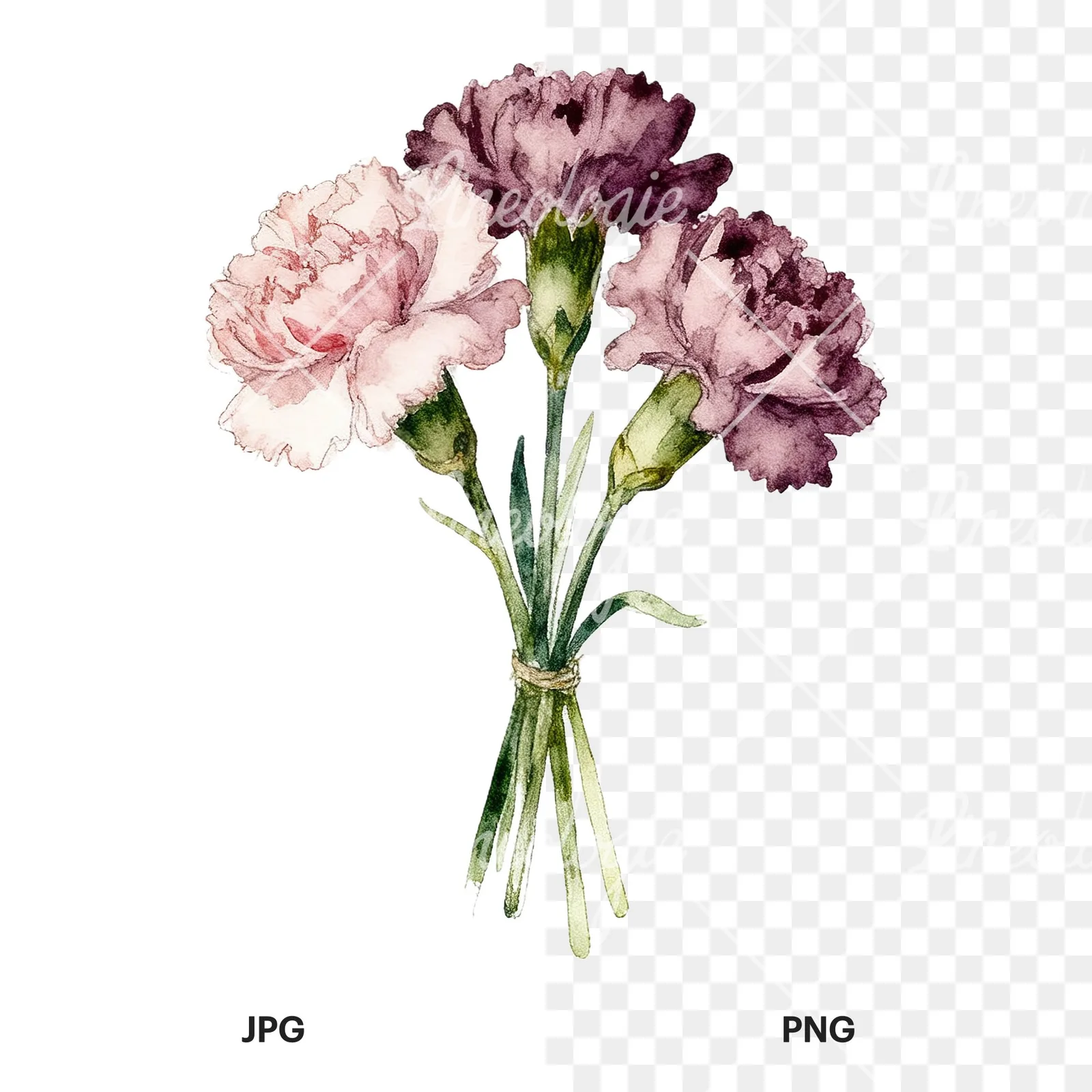 Watercolor single hue carnation bouquet clipart 9 of 9, as a JPG on white and a transparent PNG