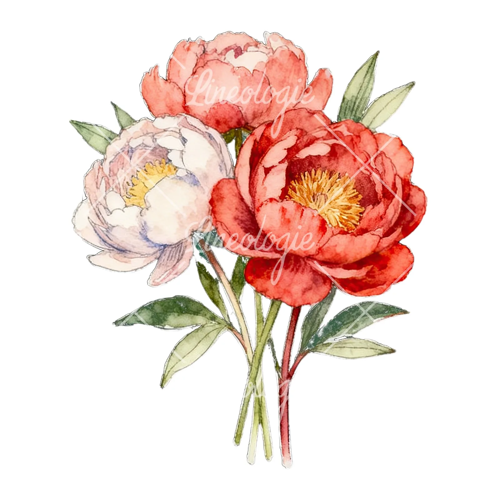 Watercolor white and pink peony bouquet clipart 1 of 9 on a white background (JPG)
