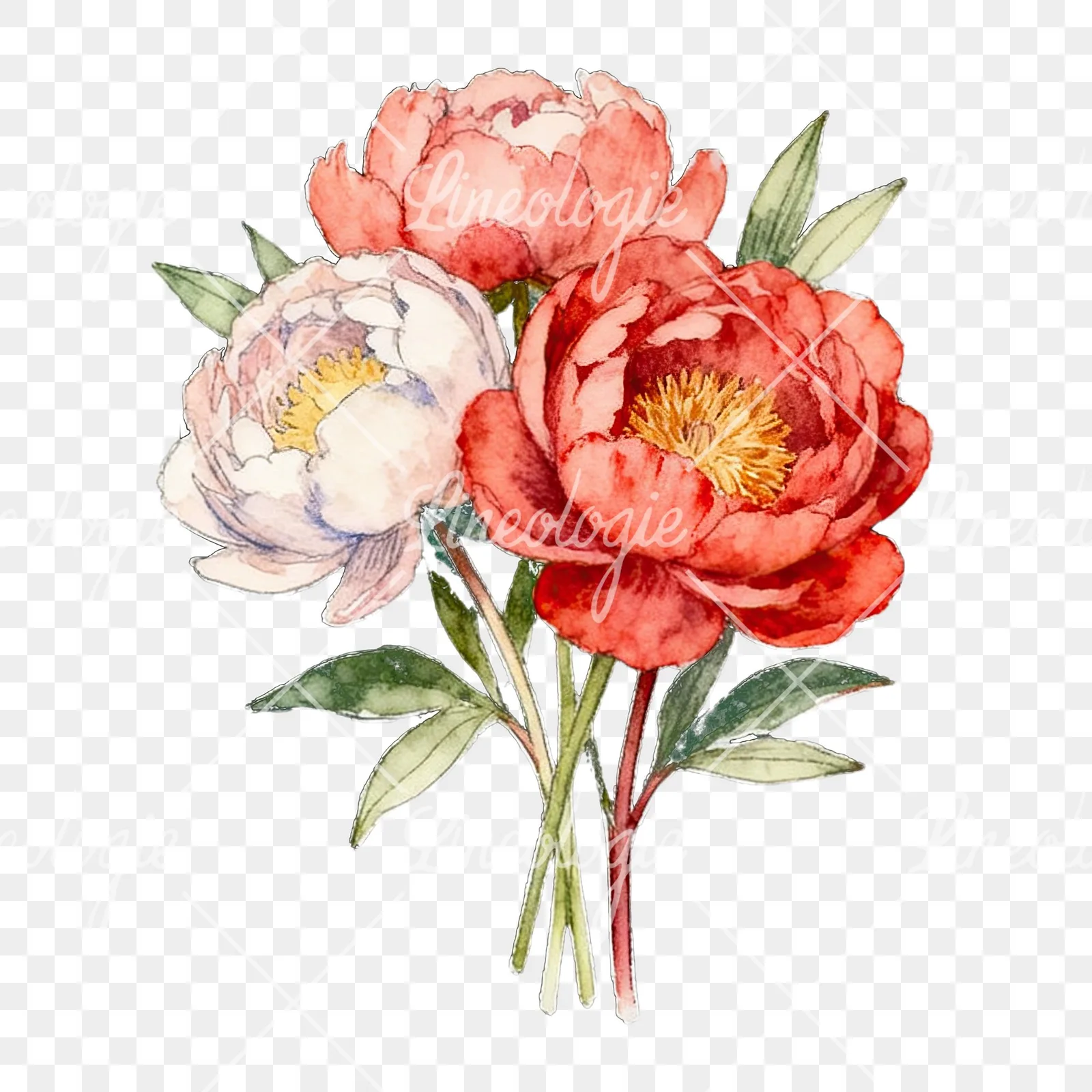 Watercolor white and pink peony bouquet clipart 1 of 9 on a transparent background (PNG)
