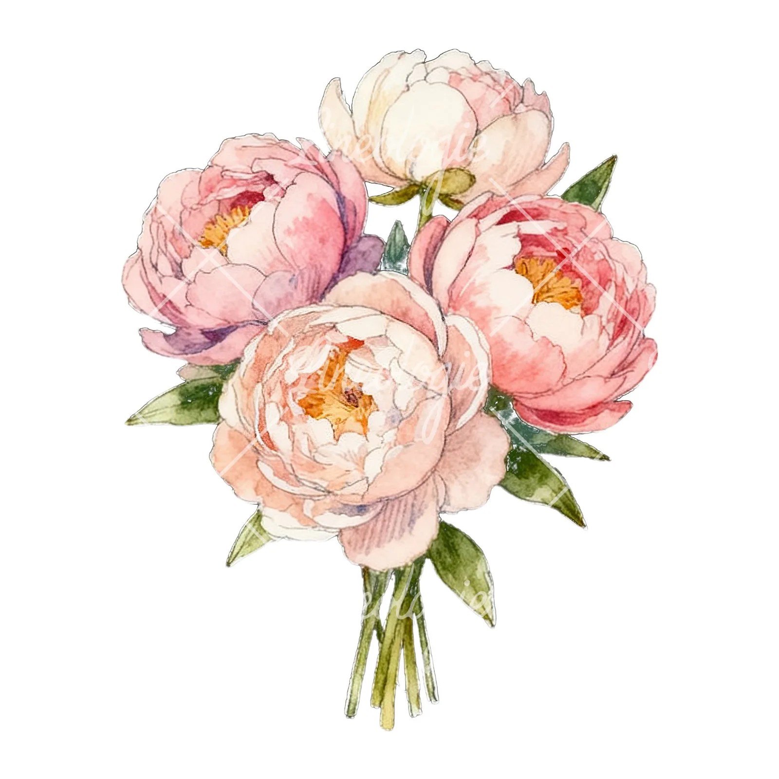 Watercolor white and pink peony bouquet clipart 2 of 9 on a white background (JPG)