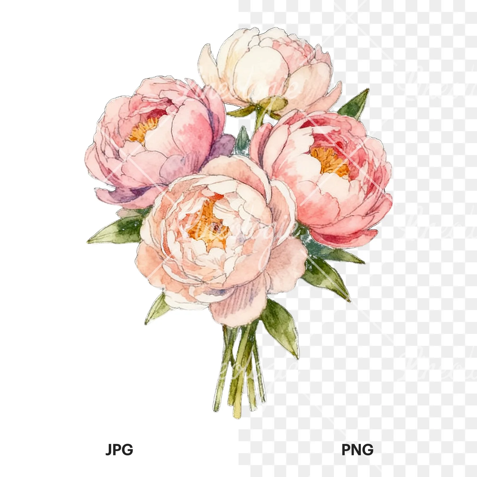 Watercolor white and pink peony bouquet clipart 2 of 9, as a JPG on white and a transparent PNG