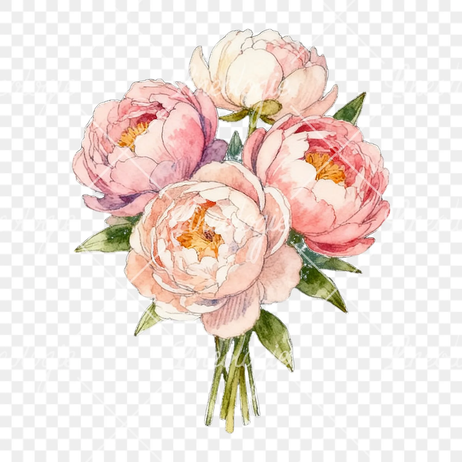 Watercolor white and pink peony bouquet clipart 2 of 9 on a transparent background (PNG)