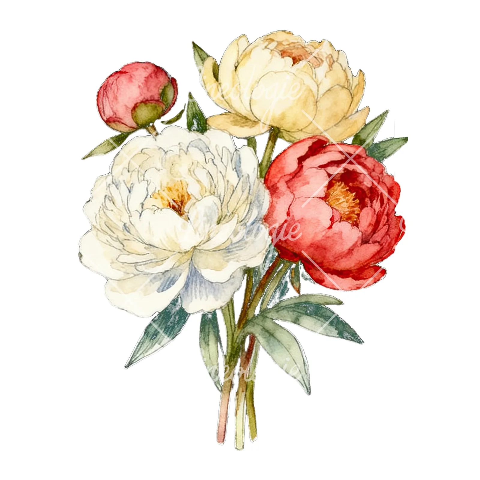 Watercolor white and pink peony bouquet clipart 3 of 9 on a white background (JPG)