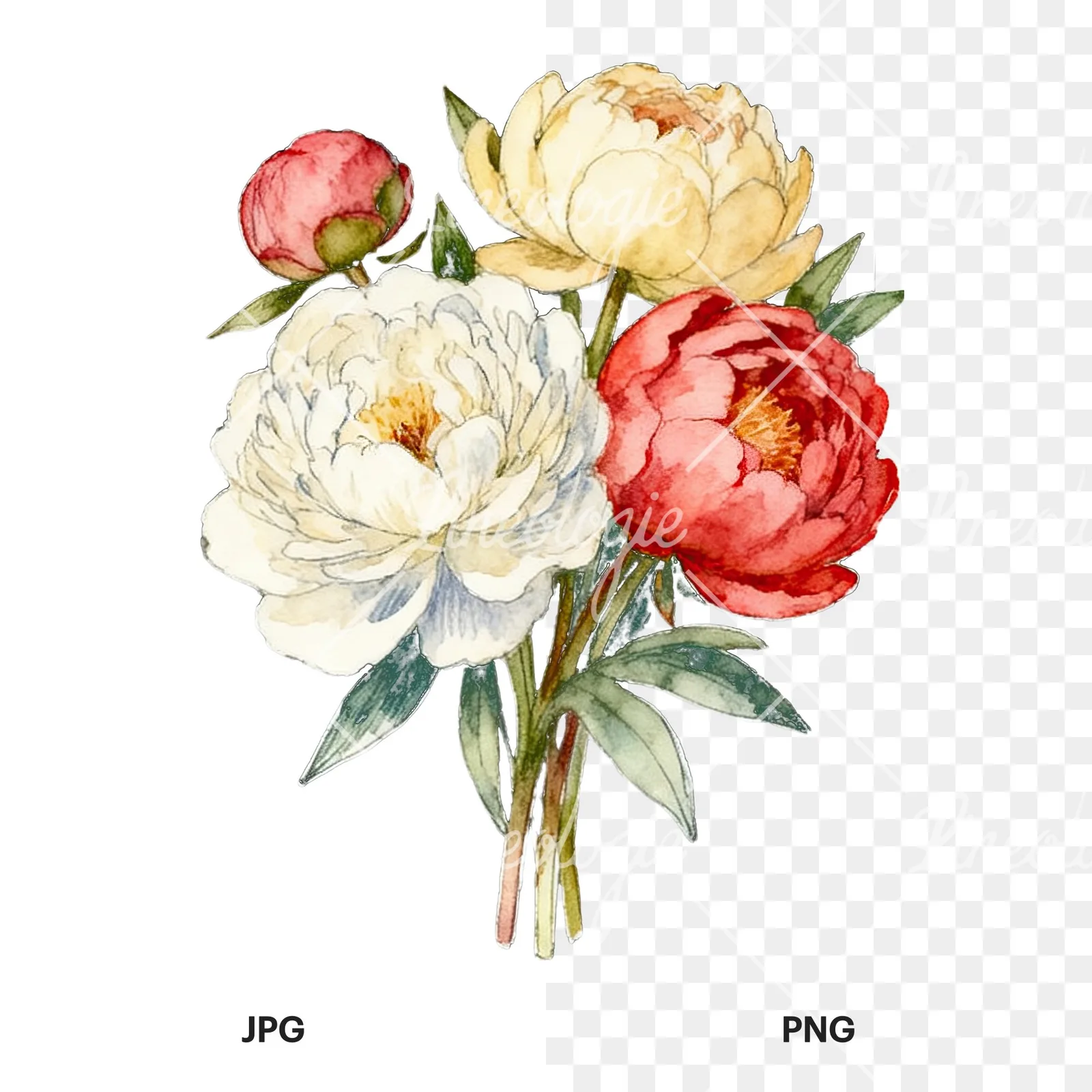 Watercolor white and pink peony bouquet clipart 3 of 9, as a JPG on white and a transparent PNG