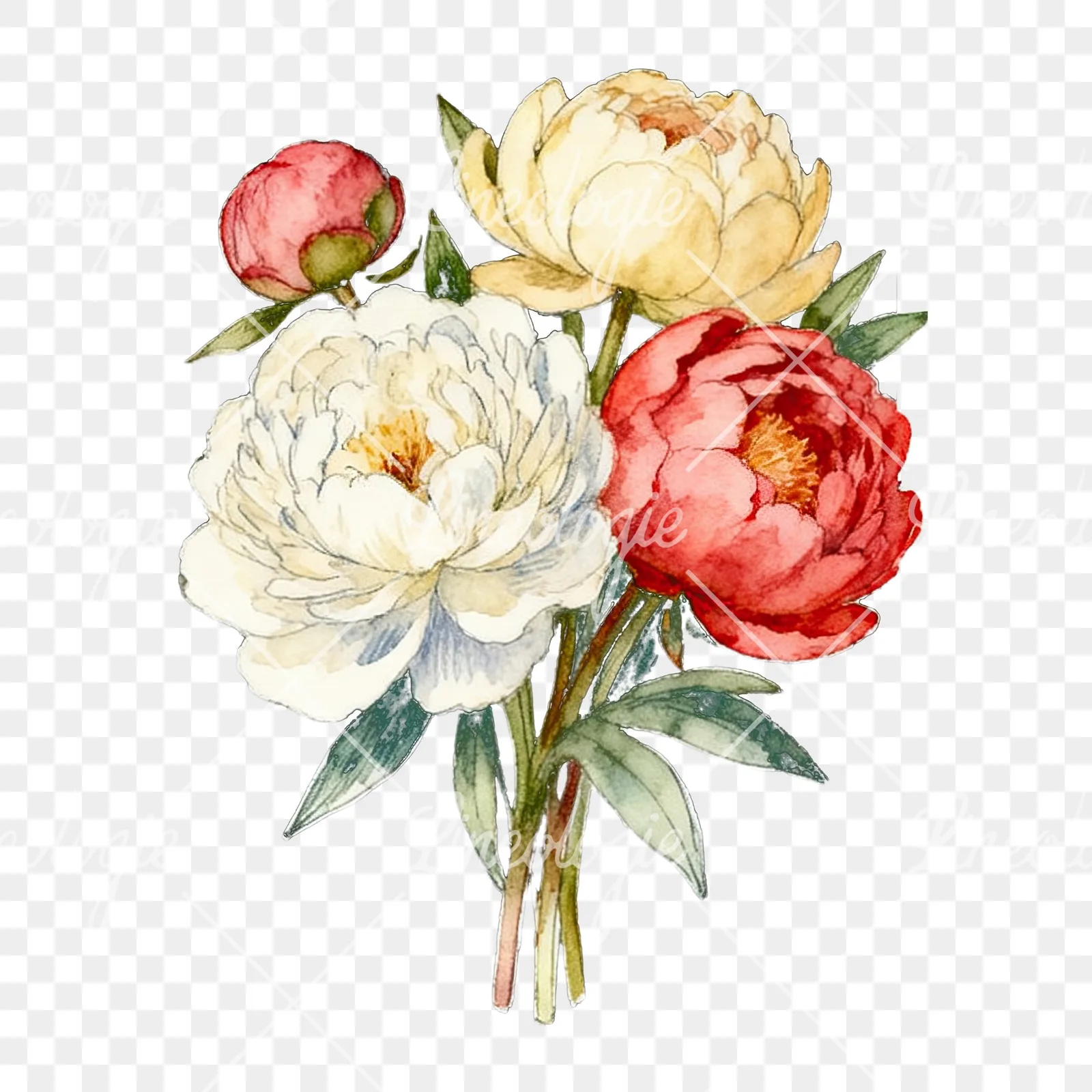 Watercolor white and pink peony bouquet clipart 3 of 9 on a transparent background (PNG)