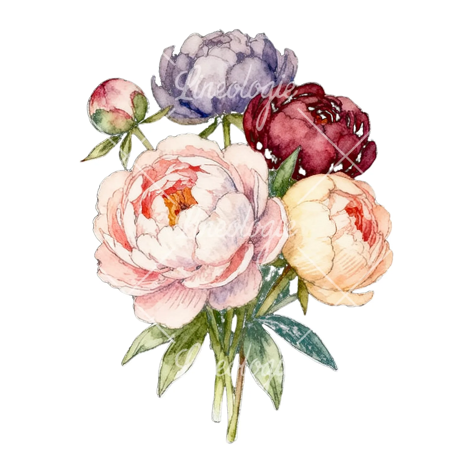 Watercolor white and pink peony bouquet clipart 4 of 9 on a white background (JPG)