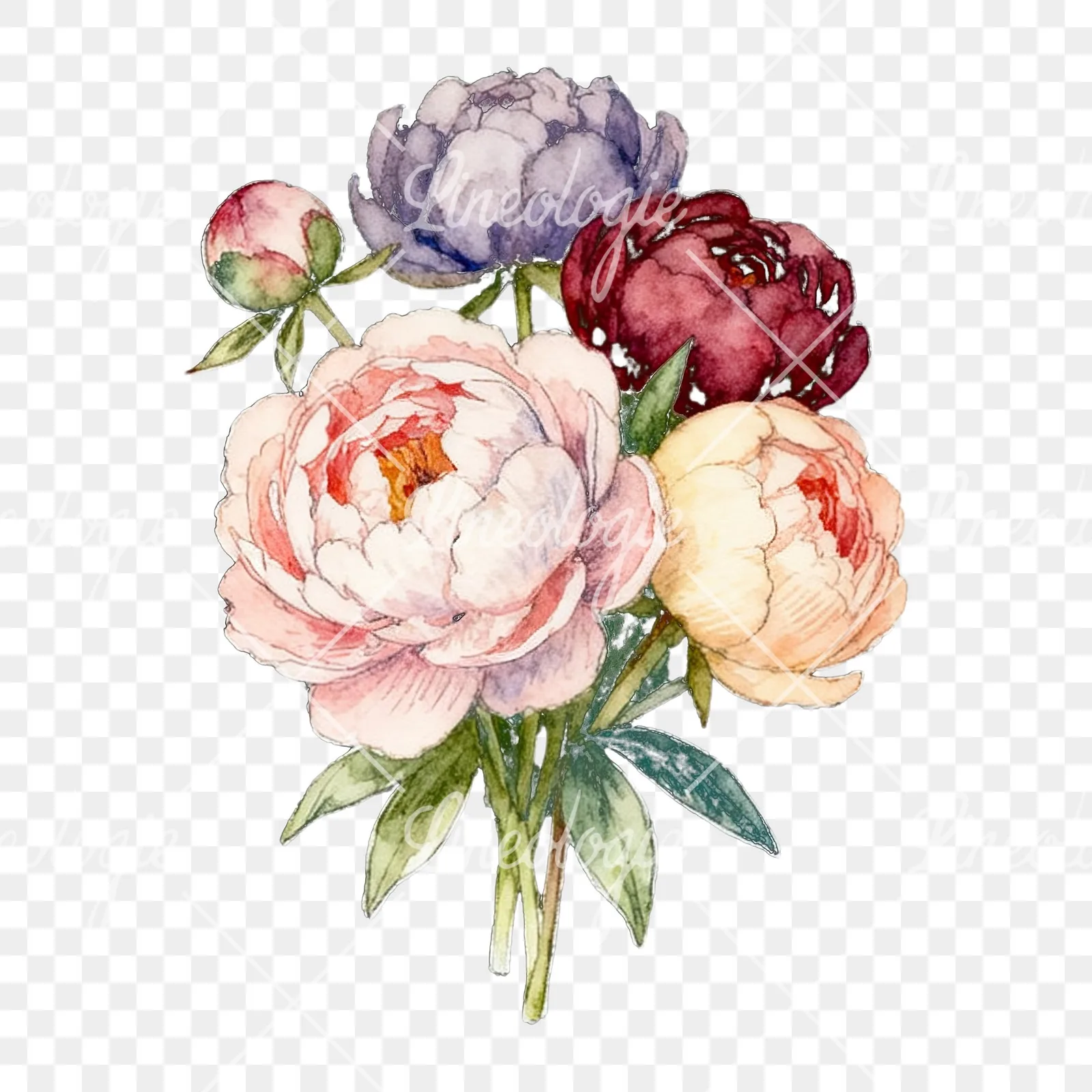 Watercolor white and pink peony bouquet clipart 4 of 9 on a transparent background (PNG)