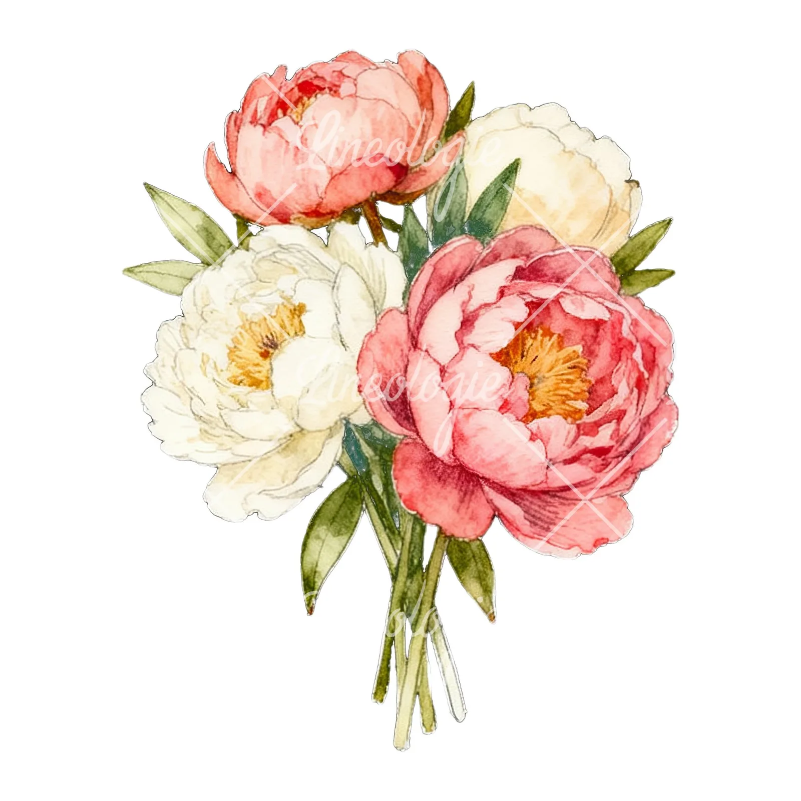 Watercolor white and pink peony bouquet clipart 5 of 9 on a white background (JPG)