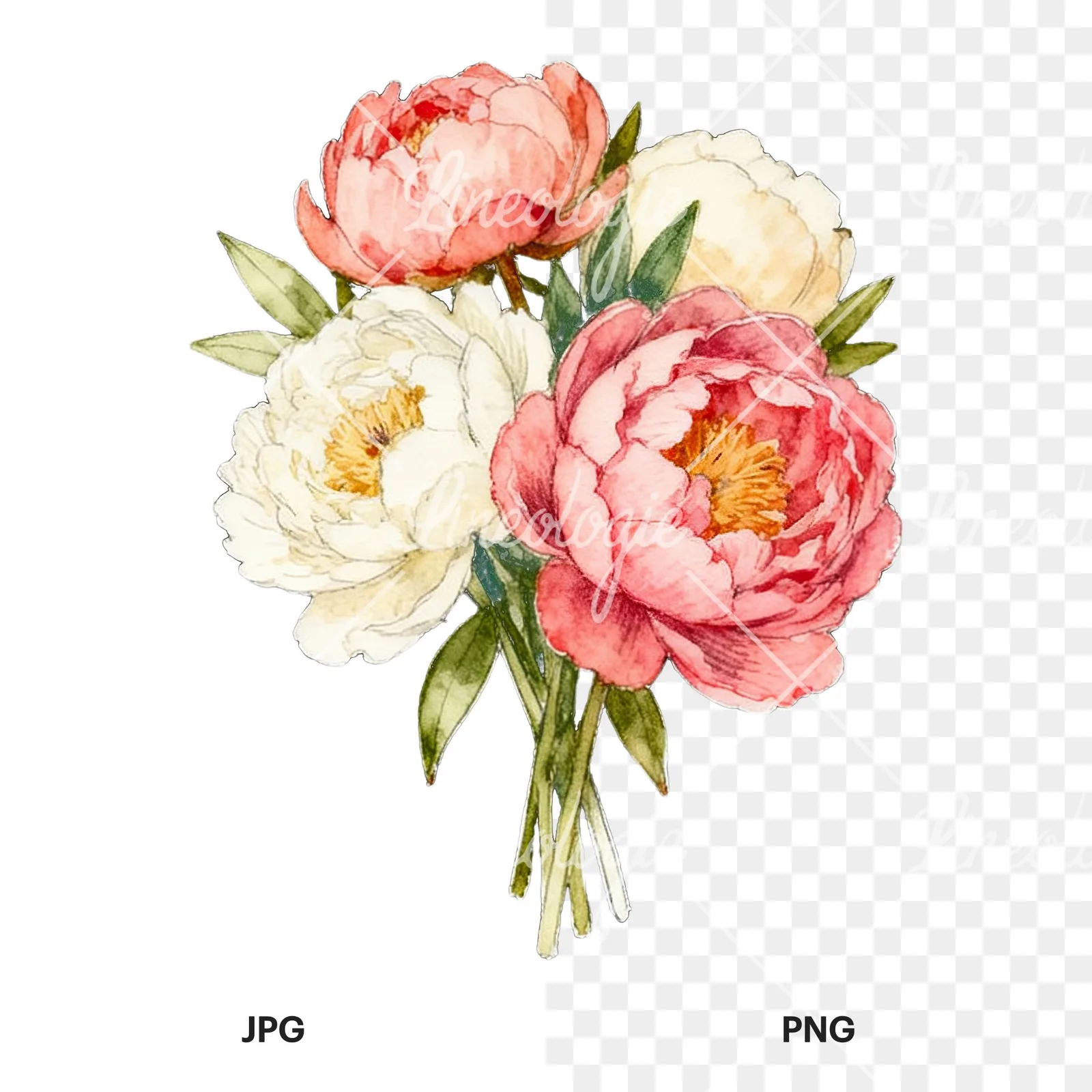 Watercolor white and pink peony bouquet clipart 5 of 9, as a JPG on white and a transparent PNG