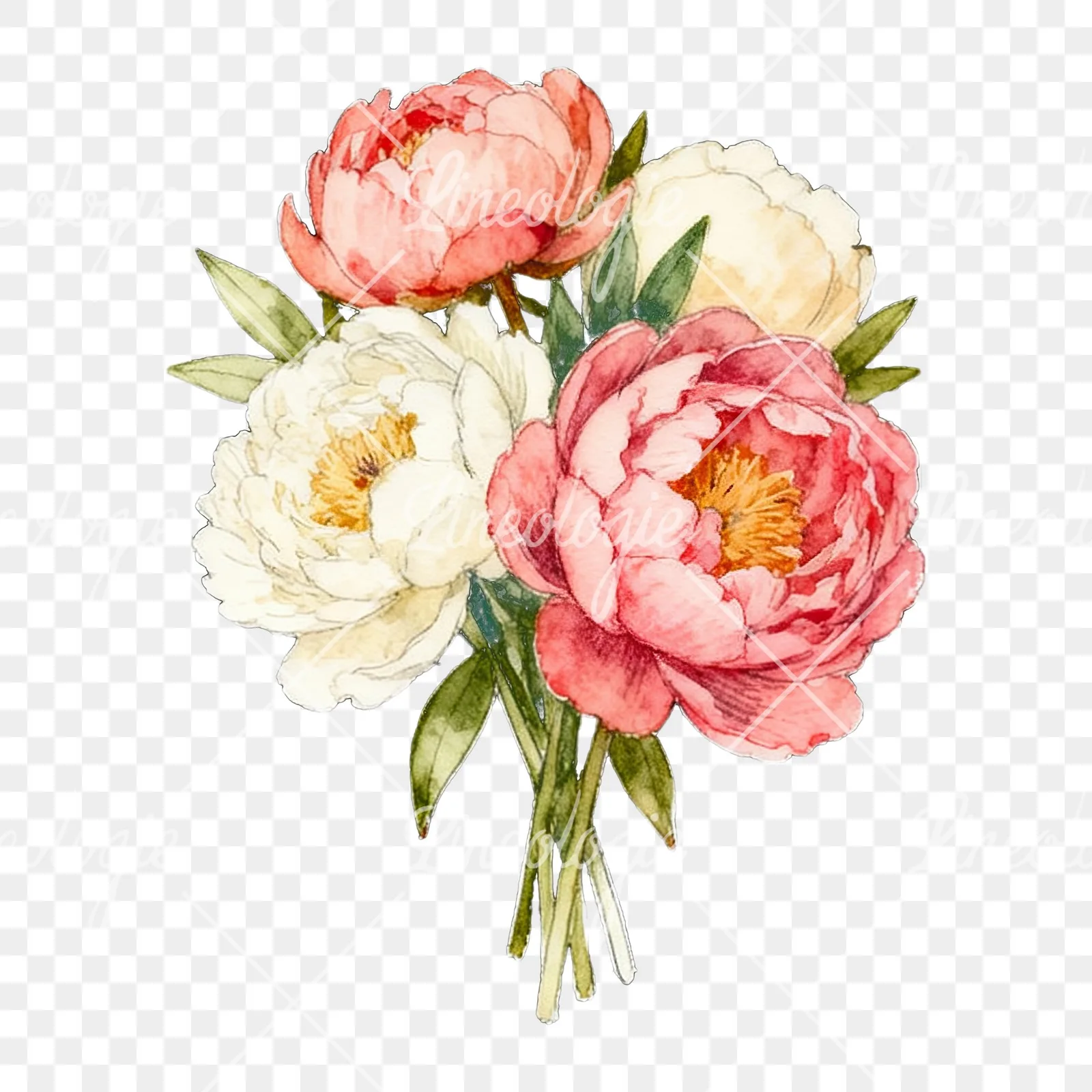 Watercolor white and pink peony bouquet clipart 5 of 9 on a transparent background (PNG)