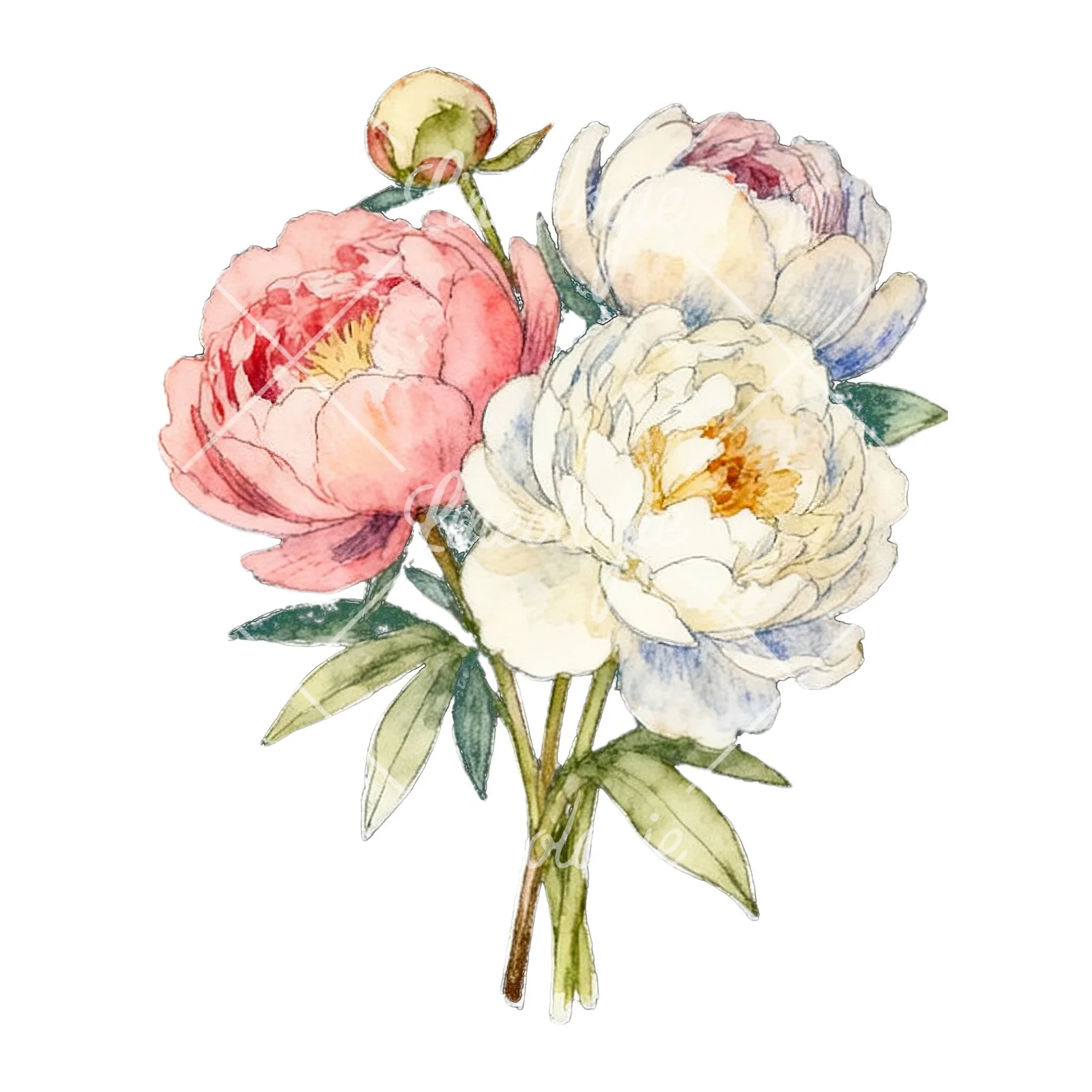Watercolor white and pink peony bouquet clipart 6 of 9 on a white background (JPG)