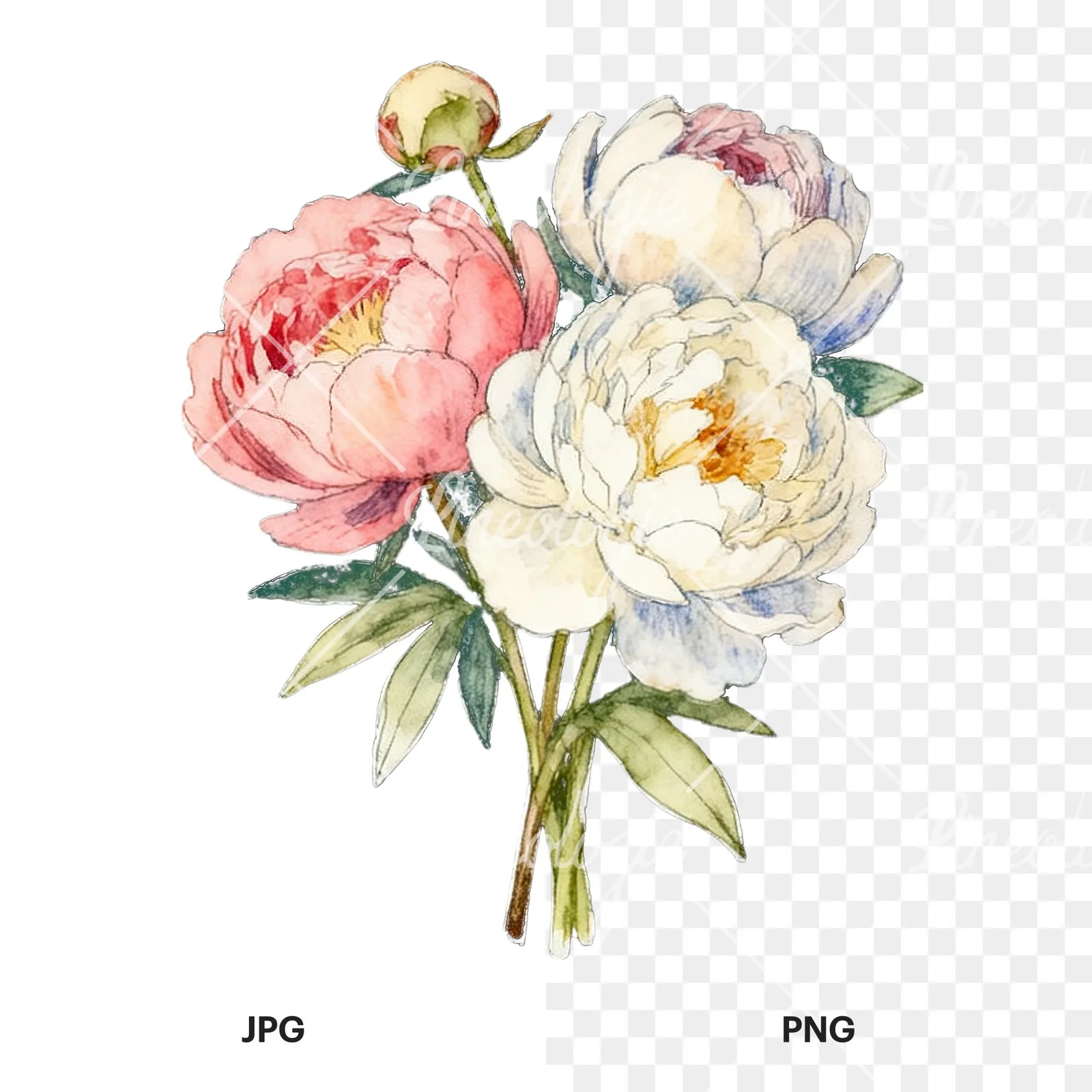Watercolor white and pink peony bouquet clipart 6 of 9, as a JPG on white and a transparent PNG