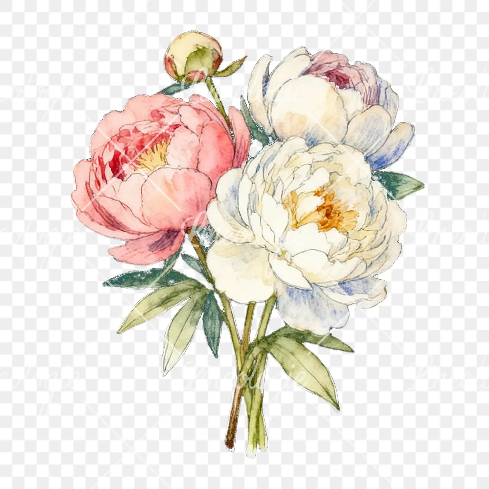 Watercolor white and pink peony bouquet clipart 6 of 9 on a transparent background (PNG)
