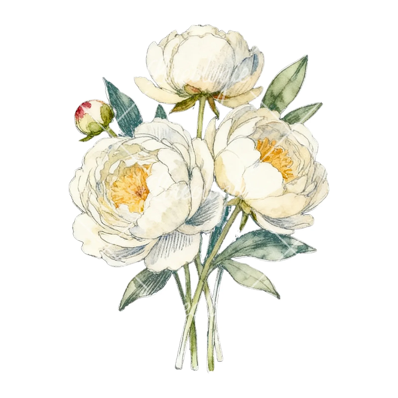 Watercolor white and pink peony bouquet clipart 7 of 9 on a white background (JPG)