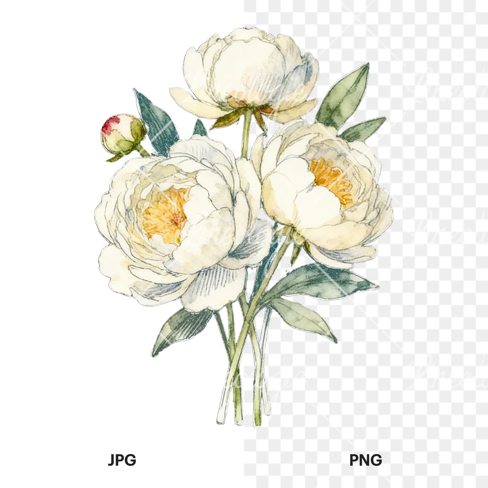 Watercolor white and pink peony bouquet clipart 7 of 9, as a JPG on white and a transparent PNG