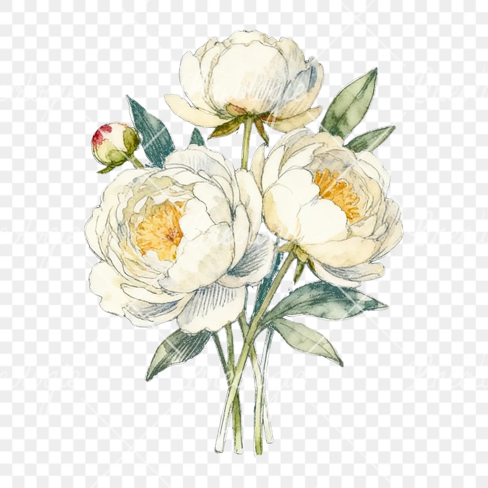 Watercolor white and pink peony bouquet clipart 7 of 9 on a transparent background (PNG)