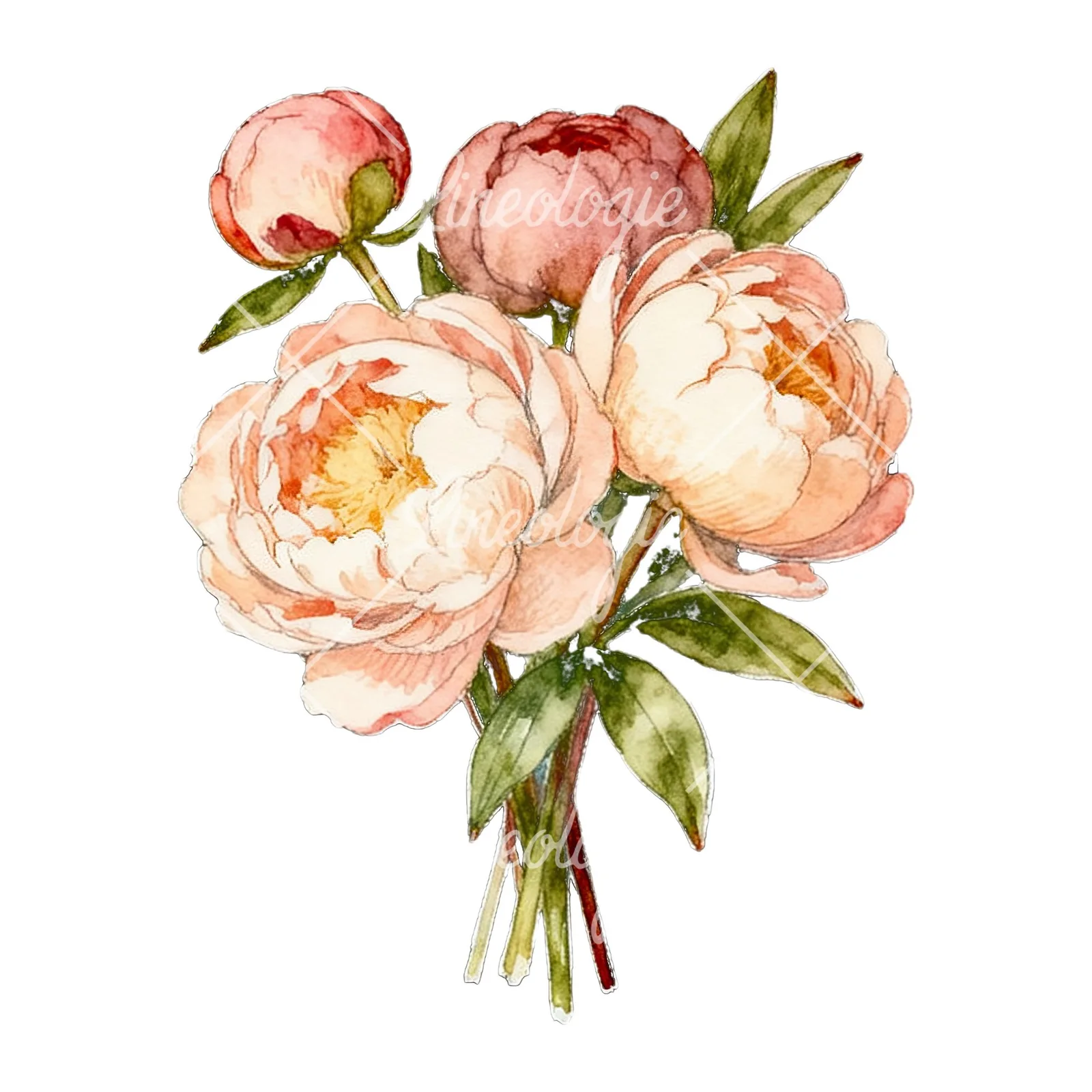 Watercolor white and pink peony bouquet clipart 8 of 9 on a white background (JPG)