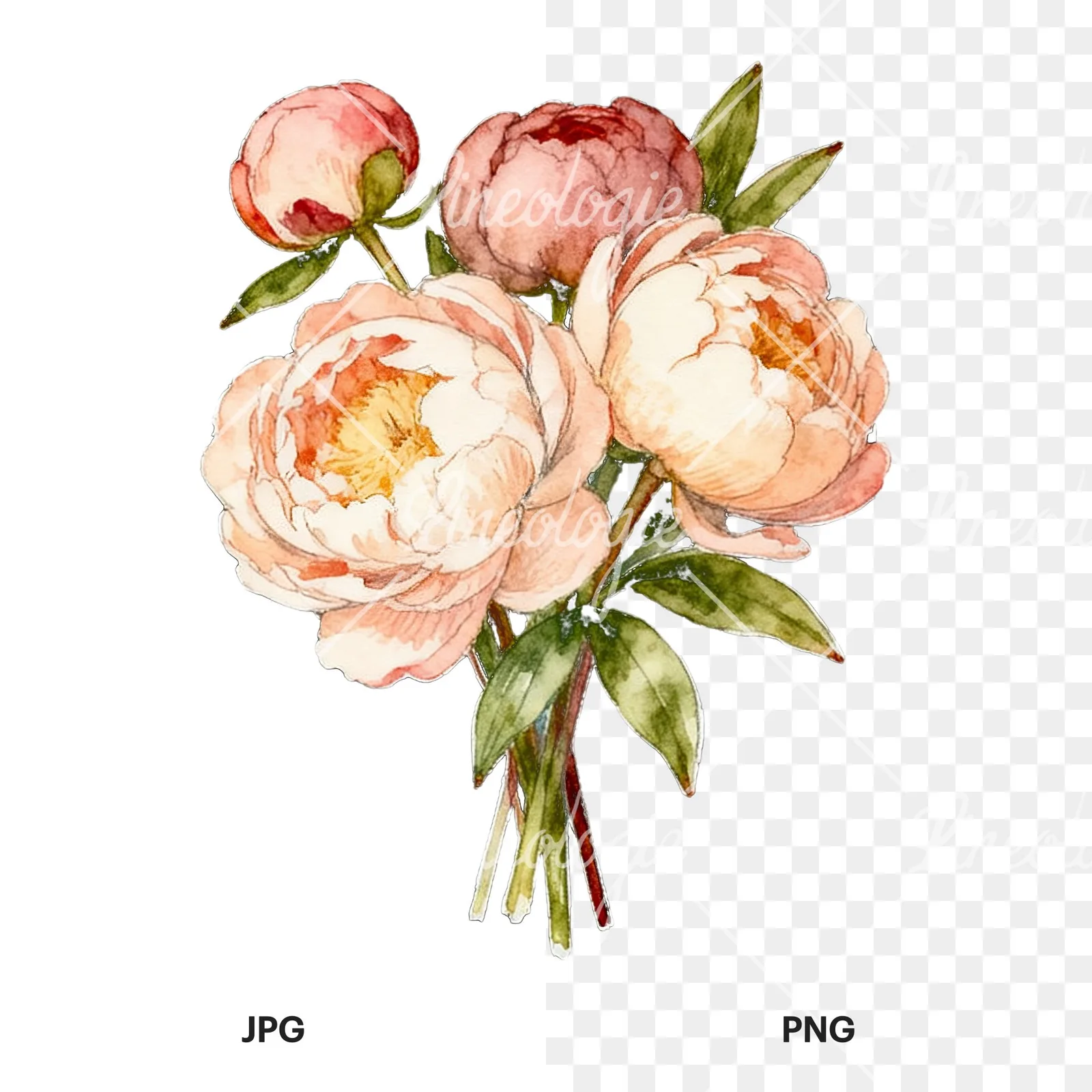 Watercolor white and pink peony bouquet clipart 8 of 9, as a JPG on white and a transparent PNG