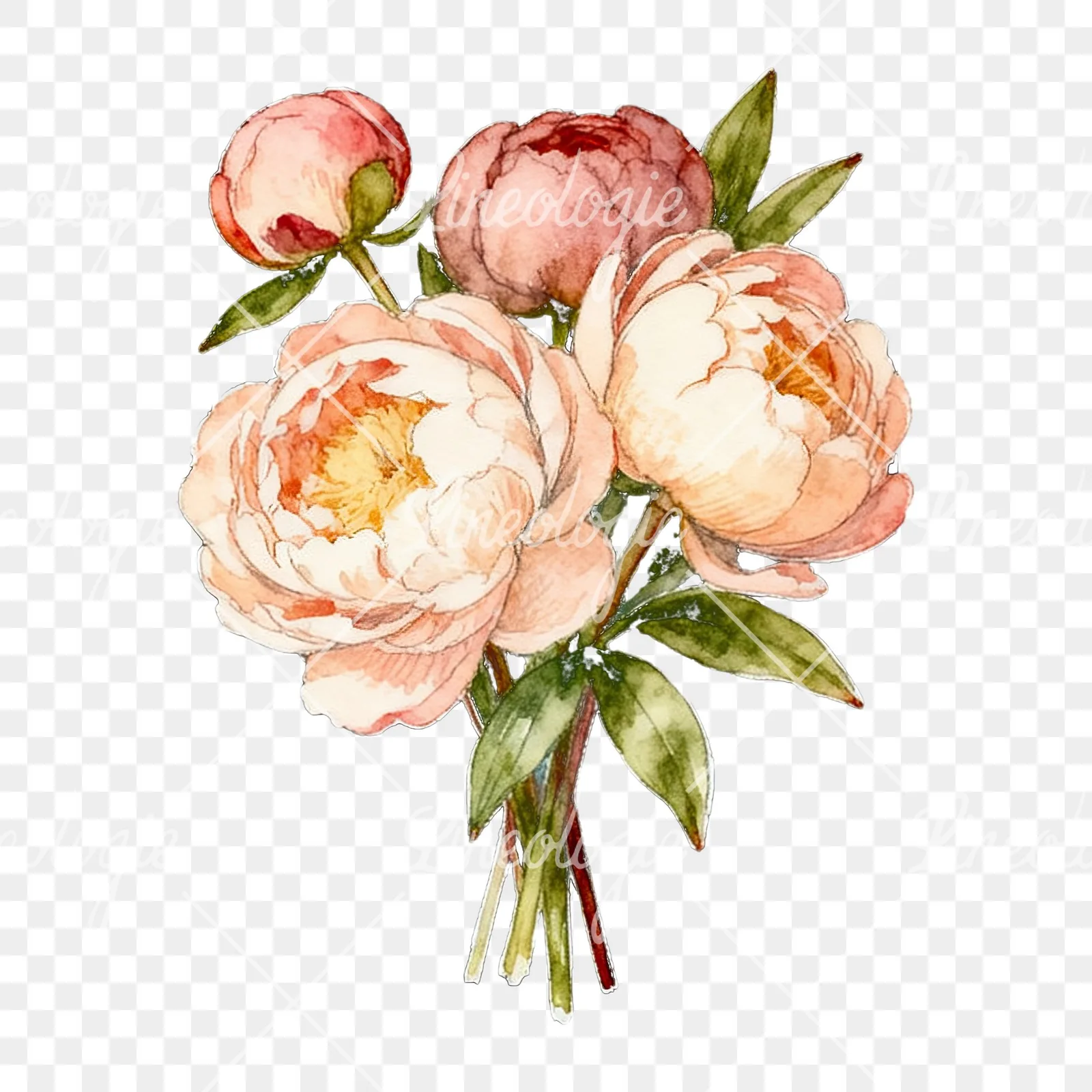 Watercolor white and pink peony bouquet clipart 8 of 9 on a transparent background (PNG)