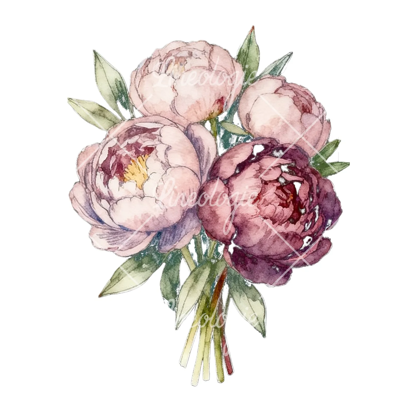 Watercolor white and pink peony bouquet clipart 9 of 9 on a white background (JPG)