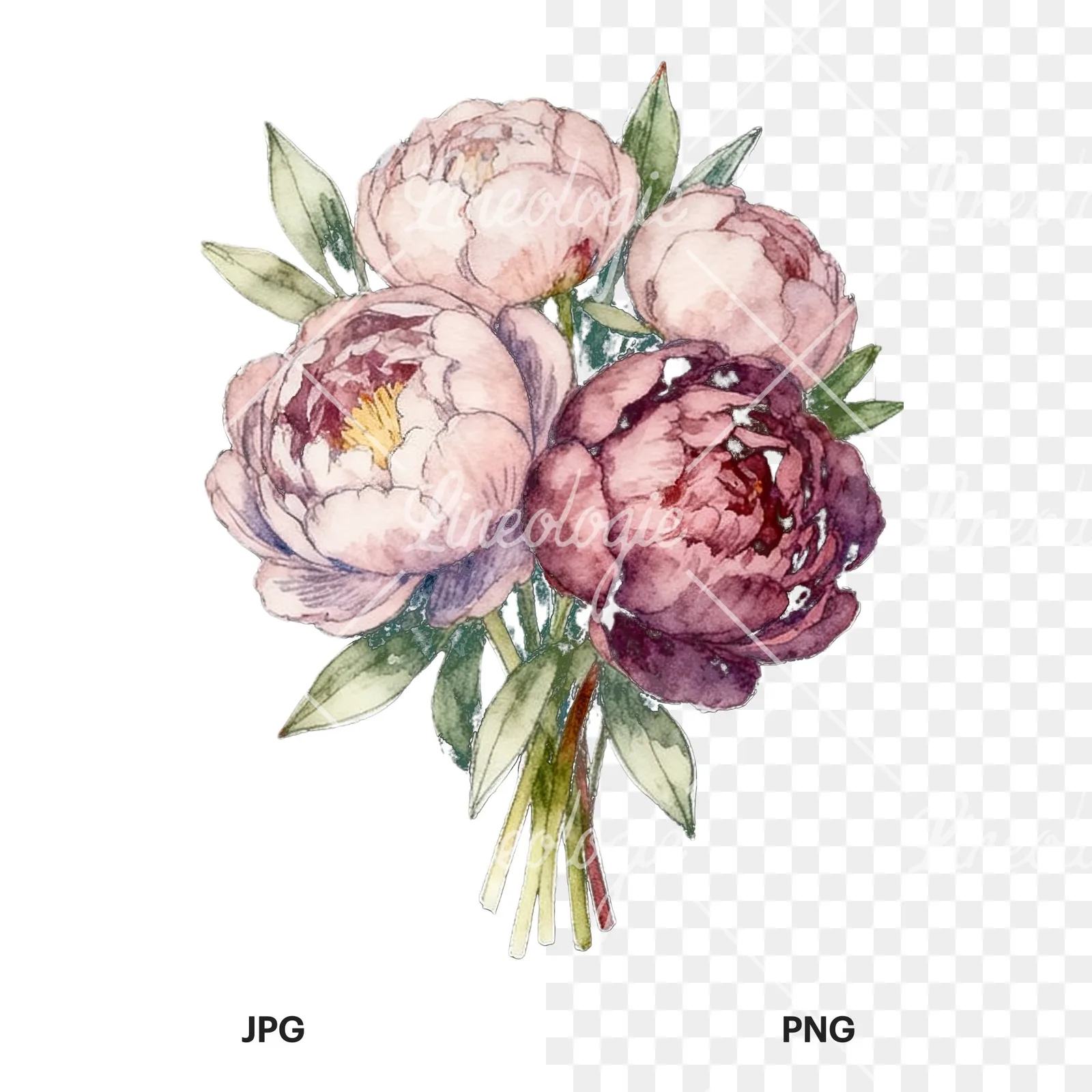 Watercolor white and pink peony bouquet clipart 9 of 9, as a JPG on white and a transparent PNG